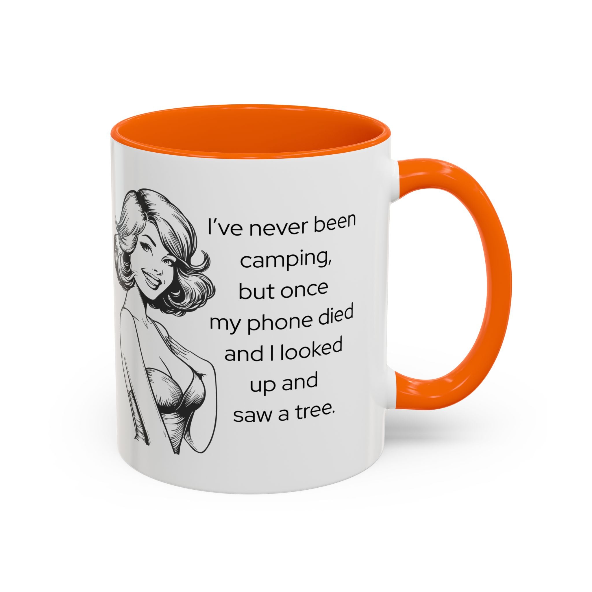 Camping Humor Coffee Mug — "I've never been camping, but once my phone died and I looked up and saw a tree."