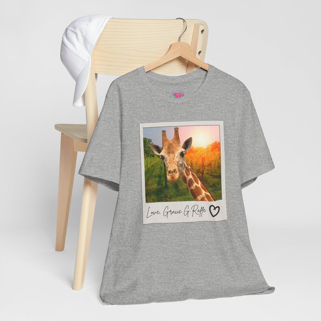 Giraffe Polaroid Photo Tee — "Love, Gracie G.Raffe" Graphic T-Shirt