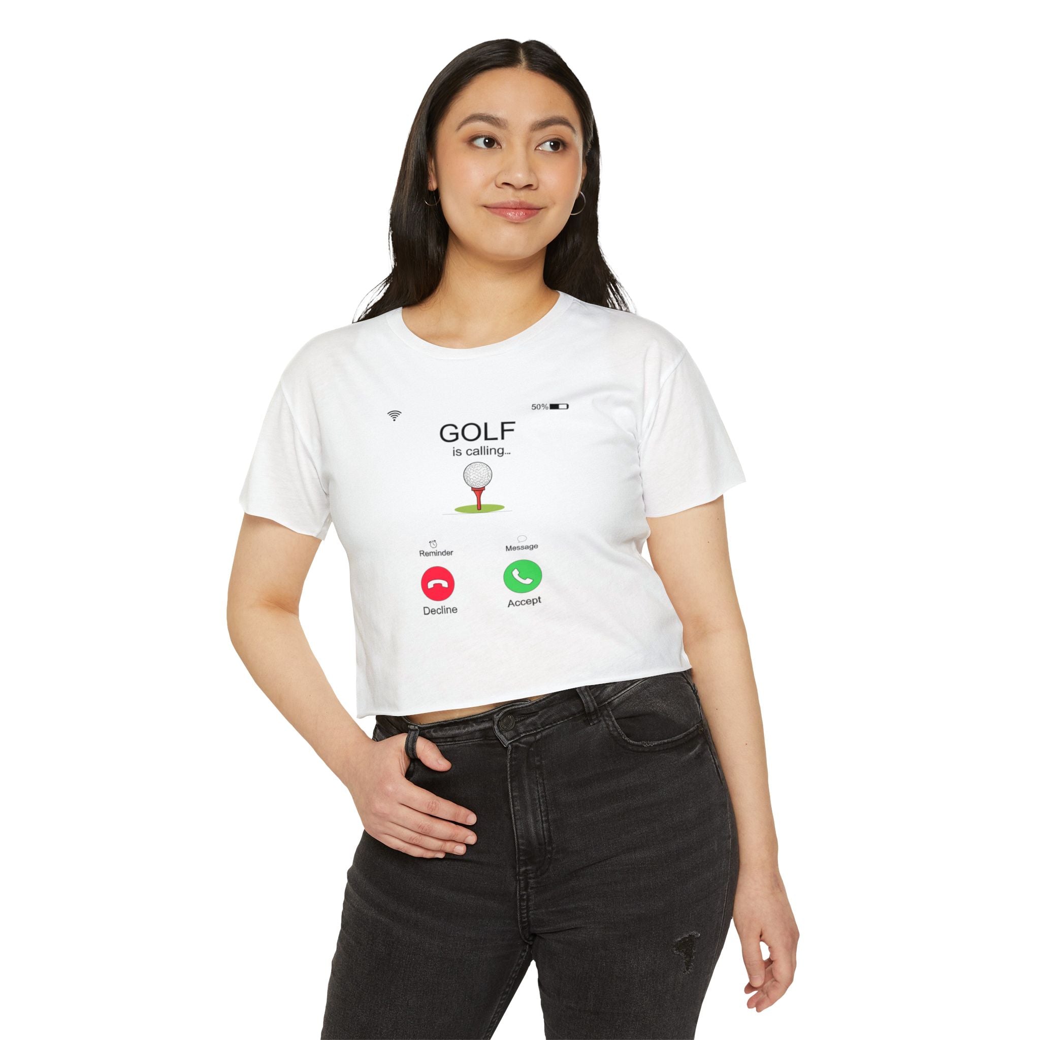 Golf Is Calling Crop Top — Women's Golf Tee with 'Golf is calling' Call Screen Design