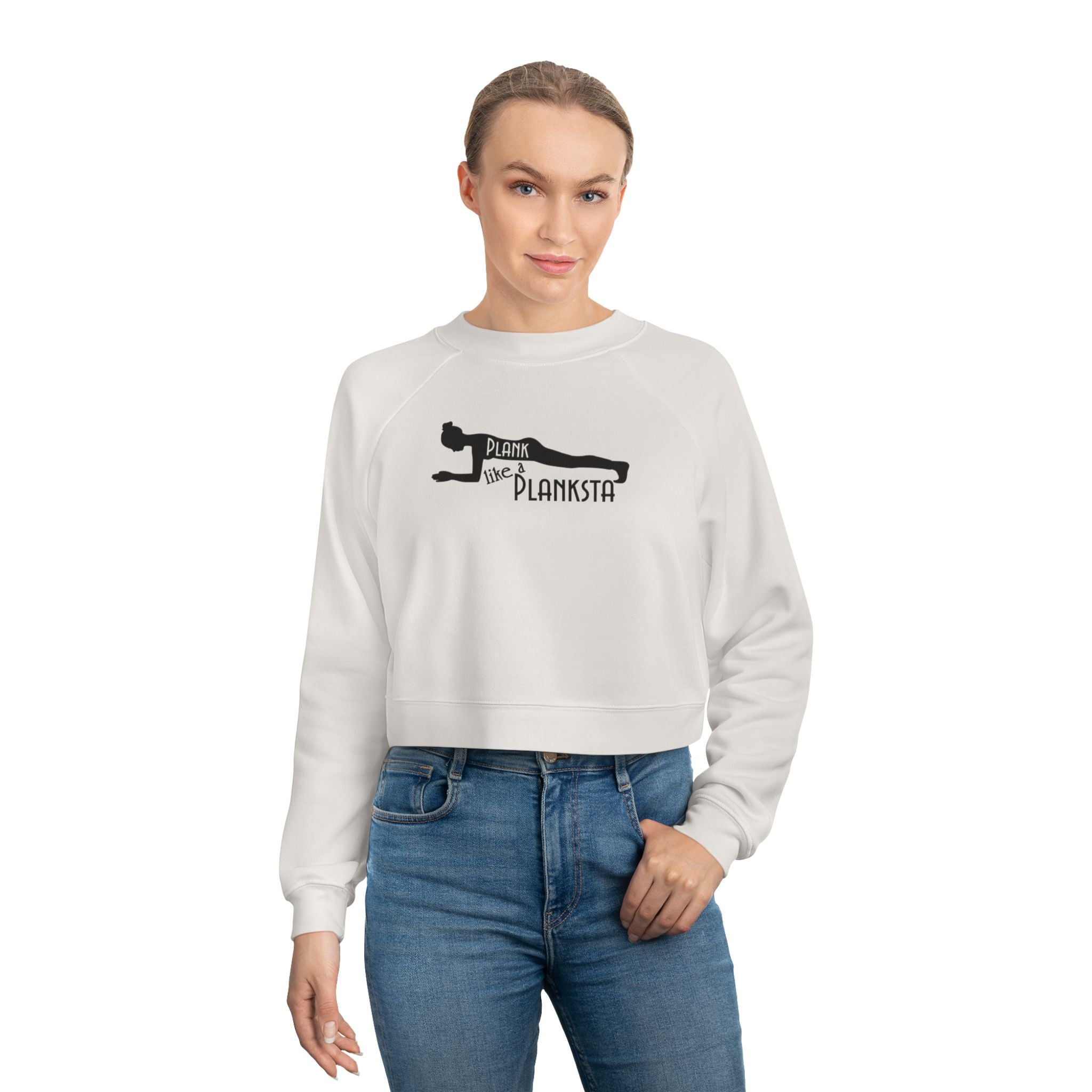 Cropped Pullover — "Plank Like a Planksta" Fitness Graphic