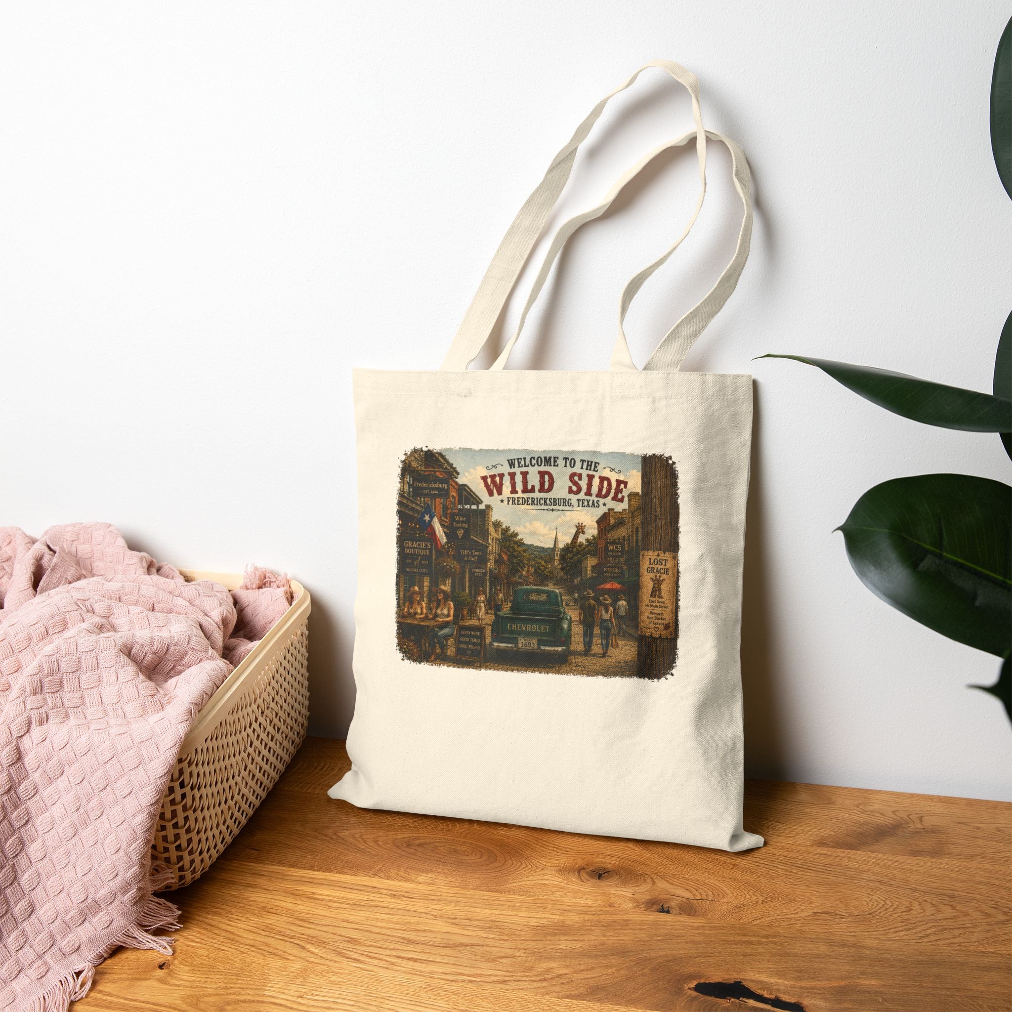 Vintage Road Trip Canvas Tote — "Welcome to the Wild Side" & Fredericksburg, Texas Scenic Print
