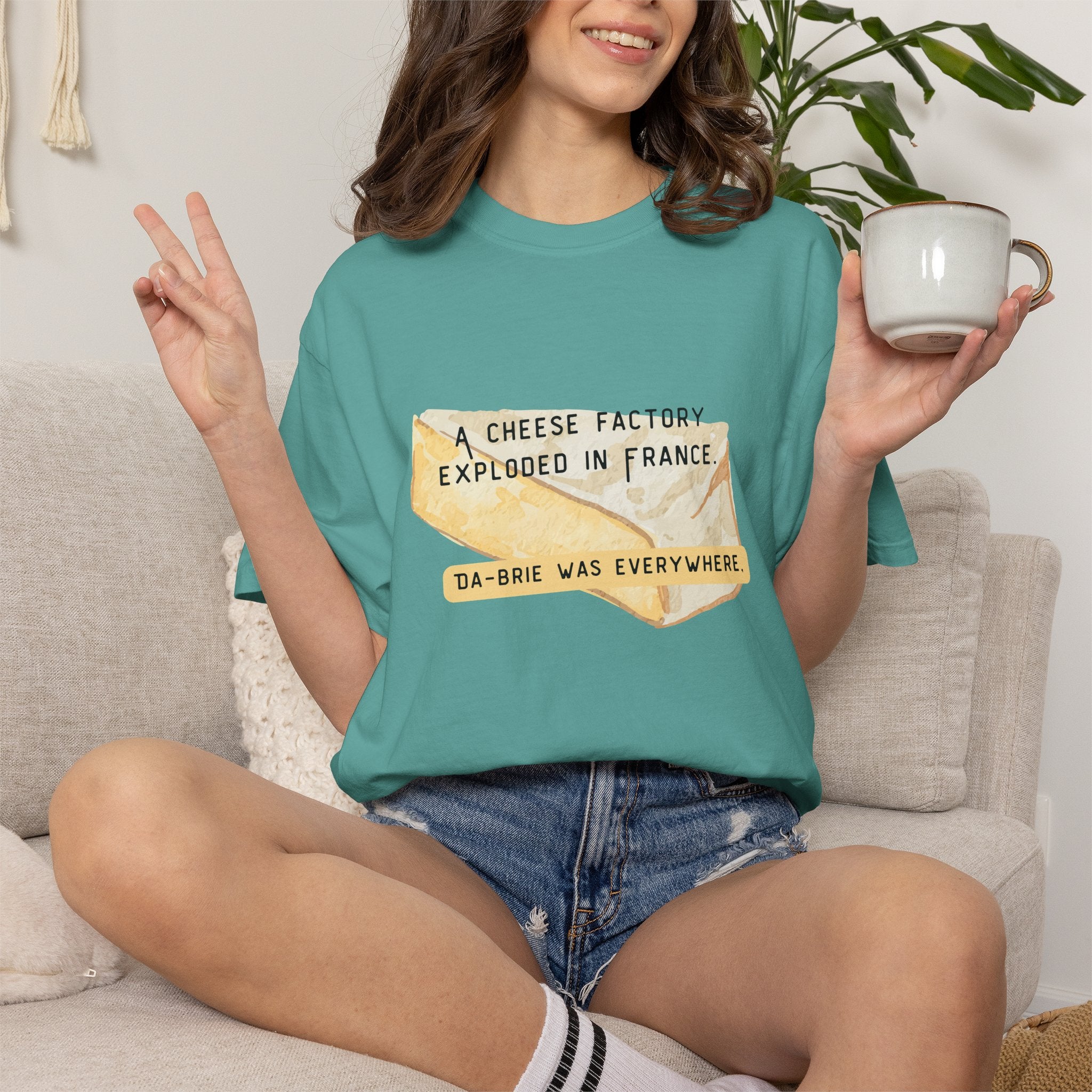 Funny Cheese Pun T-Shirt — "A Cheese Factory Exploded in France, Da-brie Was Everywhere" - Dad Joke Tee