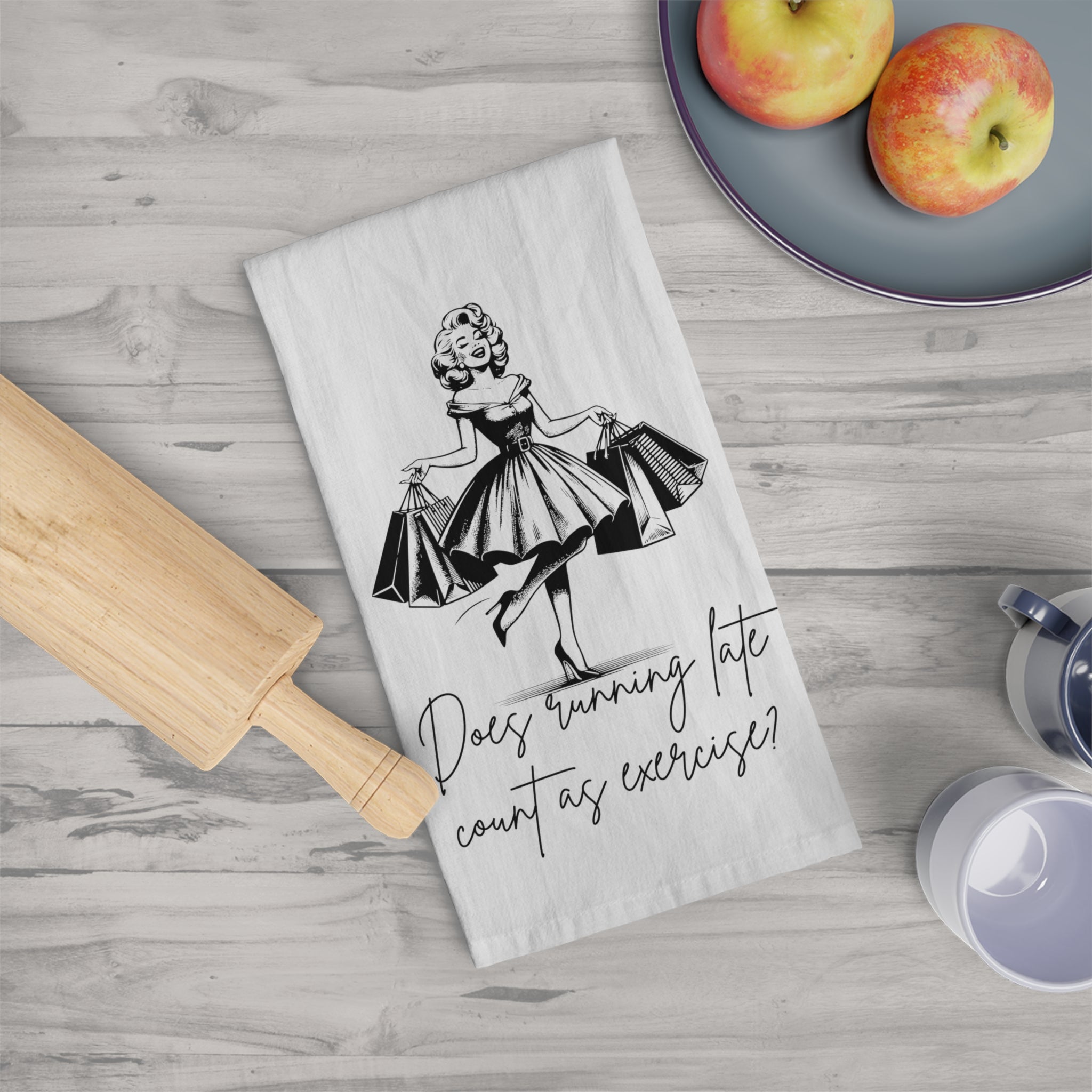 Tea Towel — Retro Dress Illustration with "Does running late count as exercise?" — Funny Kitchen Towel