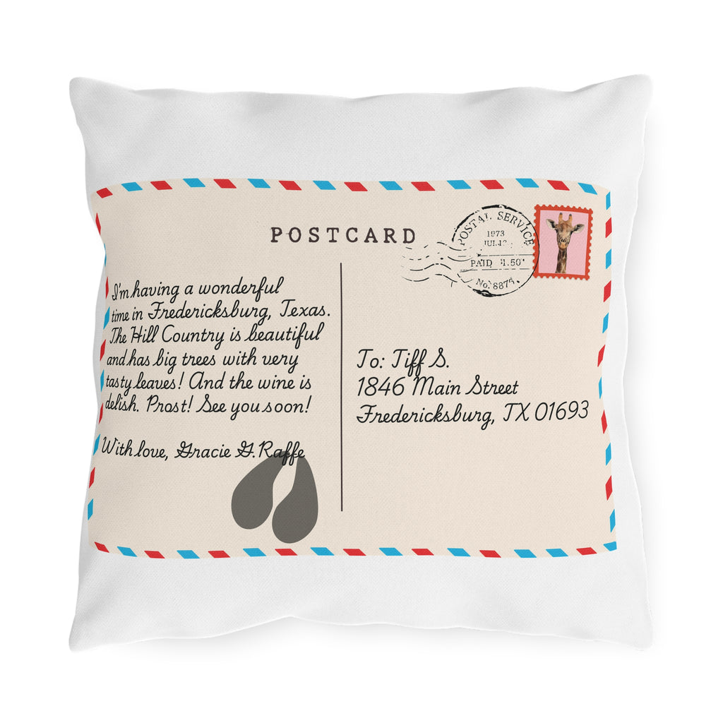 Postcard-Style Outdoor Pillow — "Postcards from Gracie G. Raffe" Giraffe Design