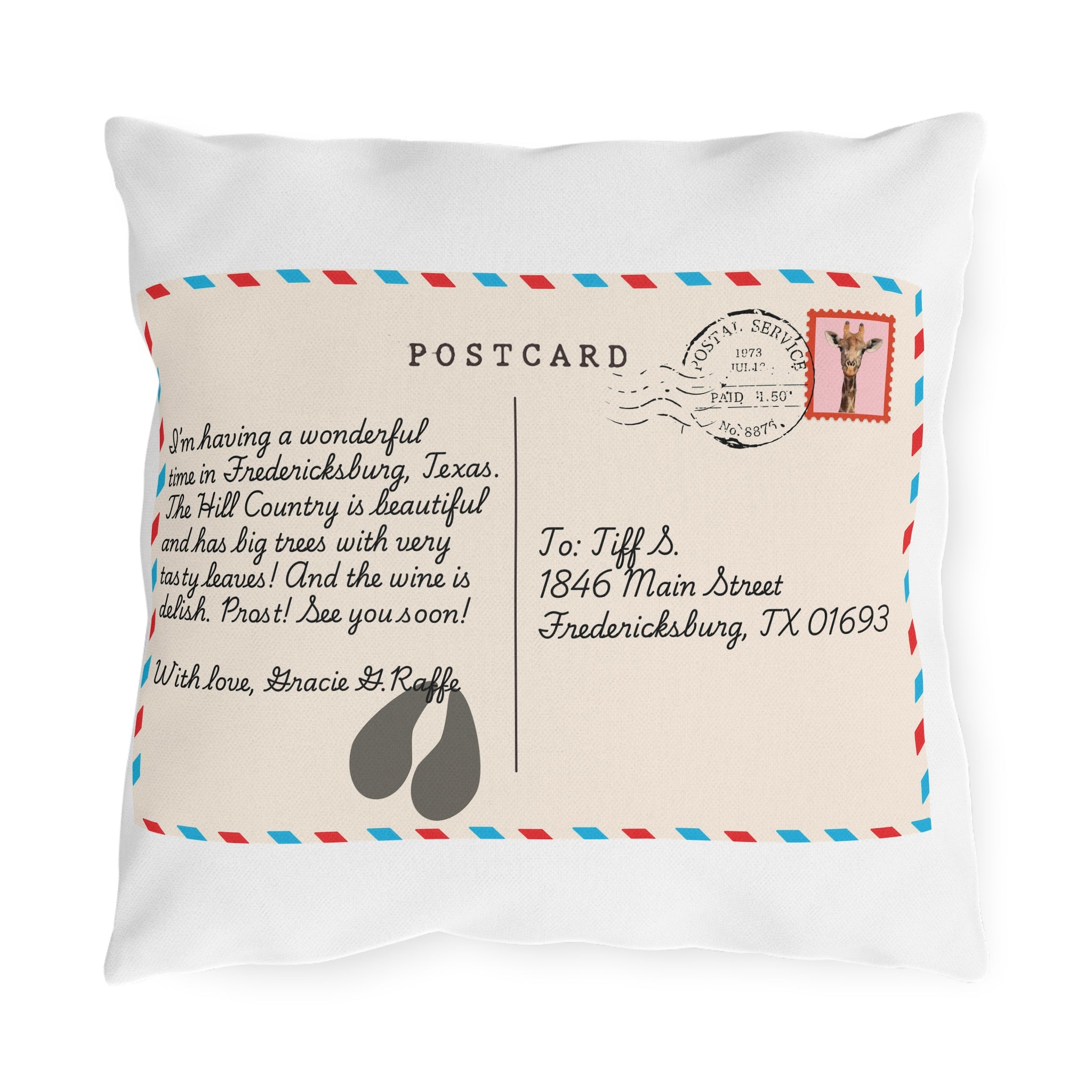 Postcard-Style Outdoor Pillow — "Postcards from Gracie G. Raffe" Giraffe Design