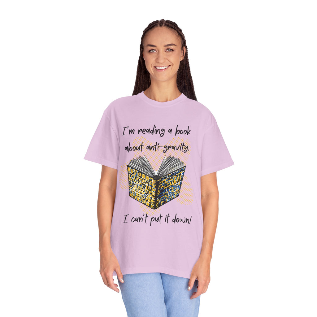 Funny Book Pun Dad Joke T-Shirt — "I’m reading a book about anti-gravity. I can’t put it down!" Novelty Book Lover Tee - Dad Jokes