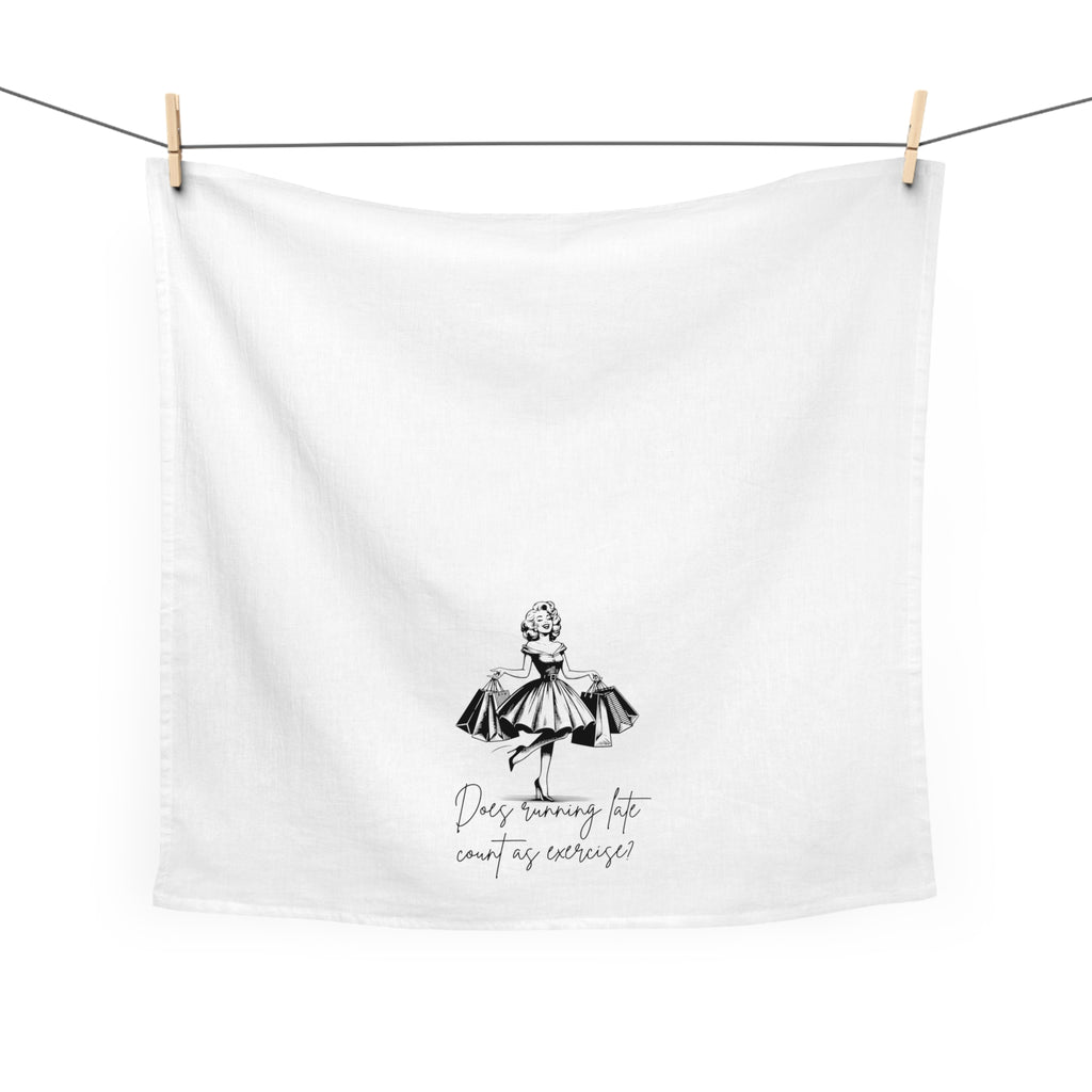 Tea Towel — Retro Dress Illustration with "Does running late count as exercise?" — Funny Kitchen Towel