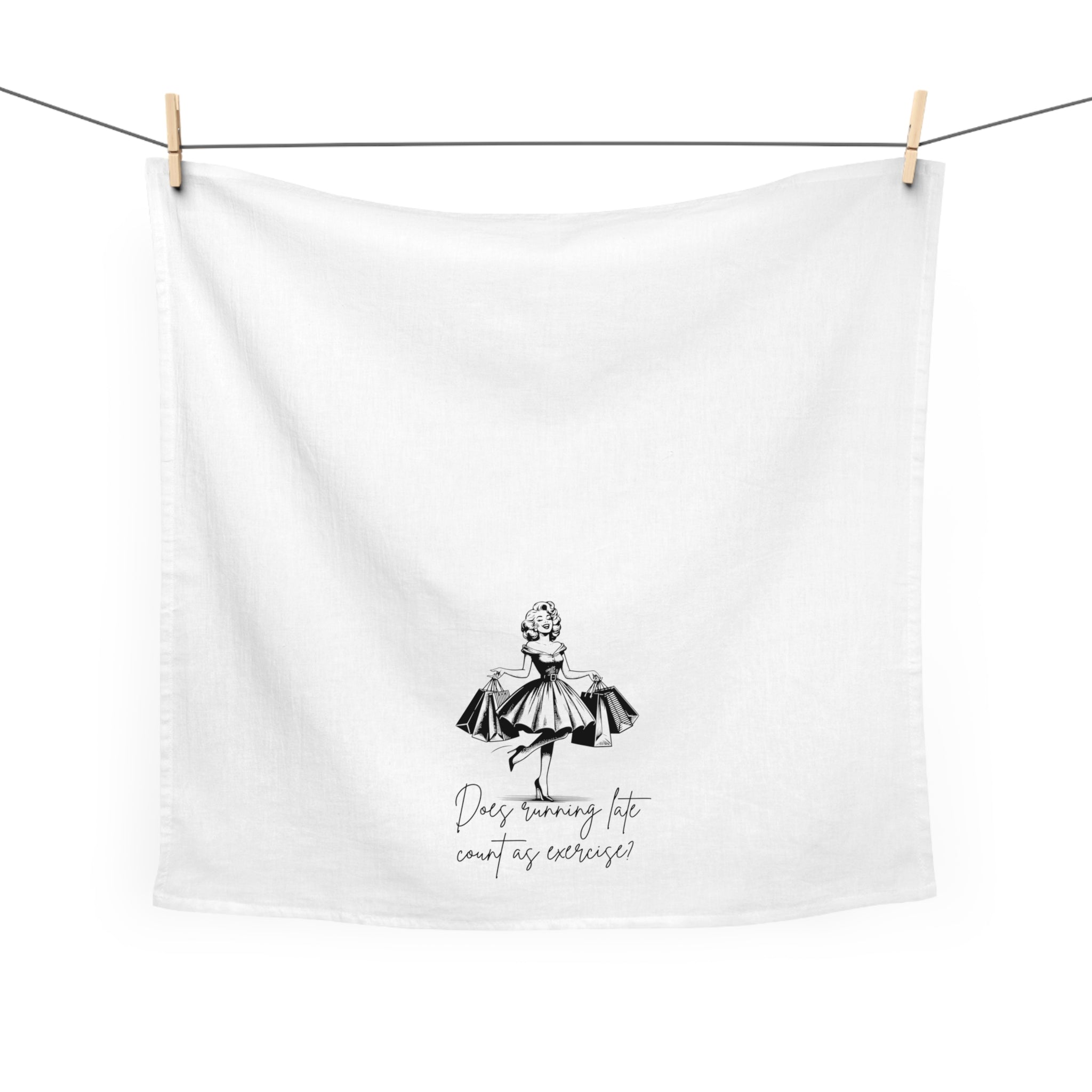 Tea Towel — Retro Dress Illustration with "Does running late count as exercise?" — Funny Kitchen Towel