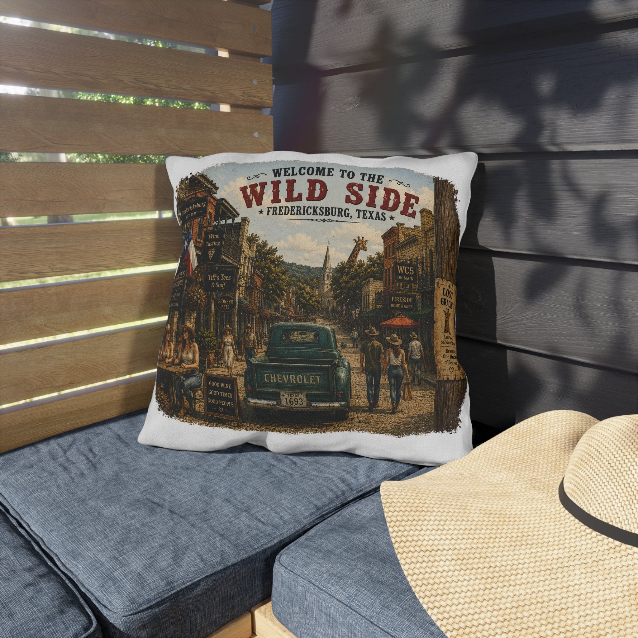 Welcome to the Wild Side Outdoor Pillow — Fredericksburg, Texas Vintage Street Scene