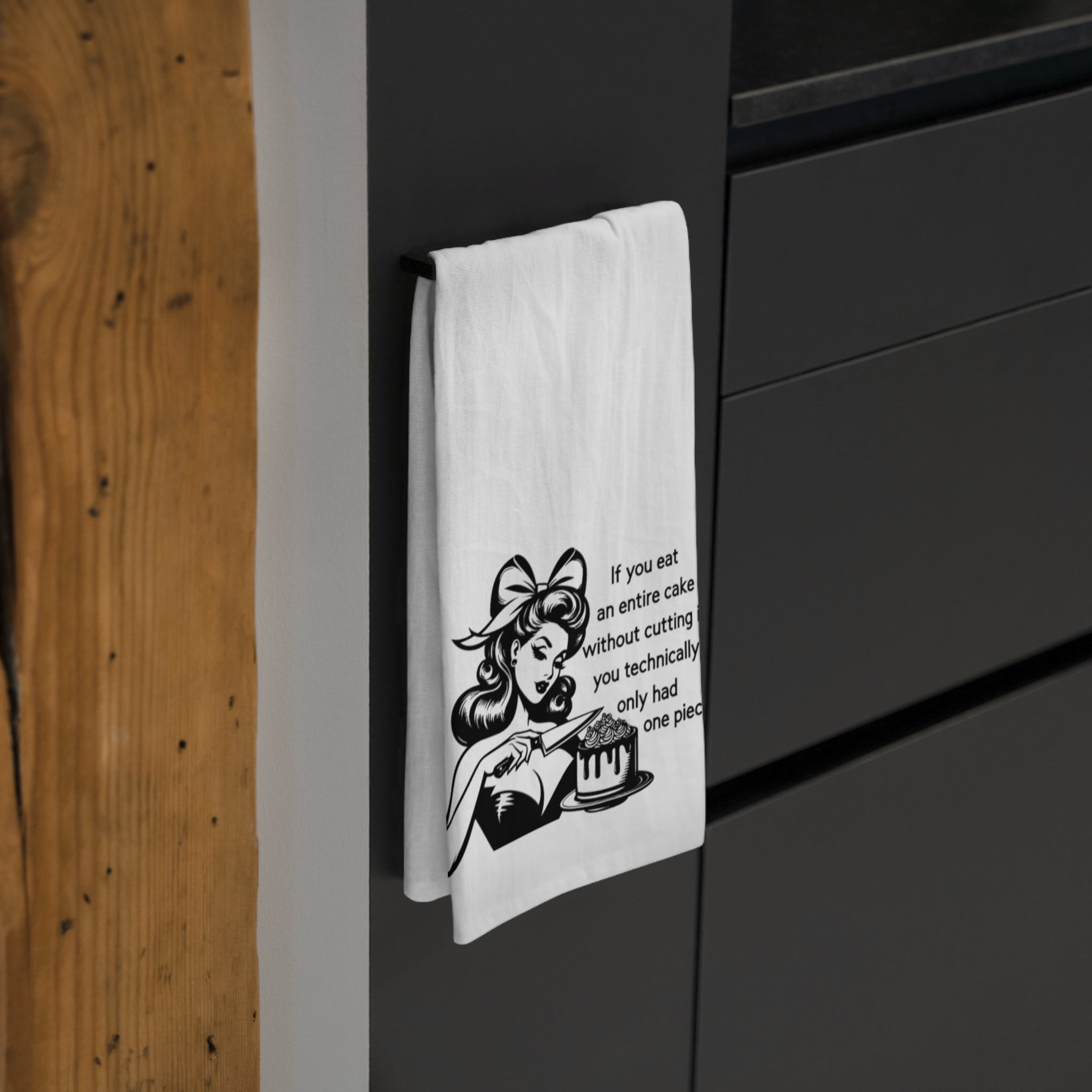 Retro Baking Tea Towel — "If you eat an entire cake without cutting it, you technically only had one piece"