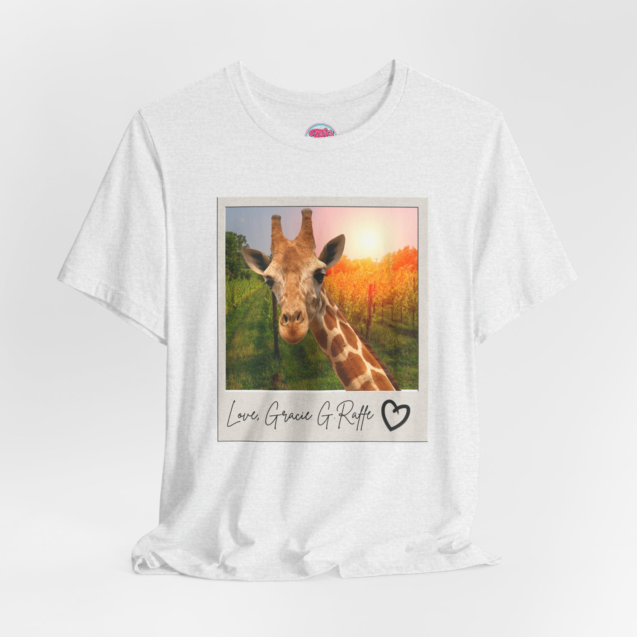 Giraffe Polaroid Photo Tee — "Love, Gracie G.Raffe" Graphic T-Shirt