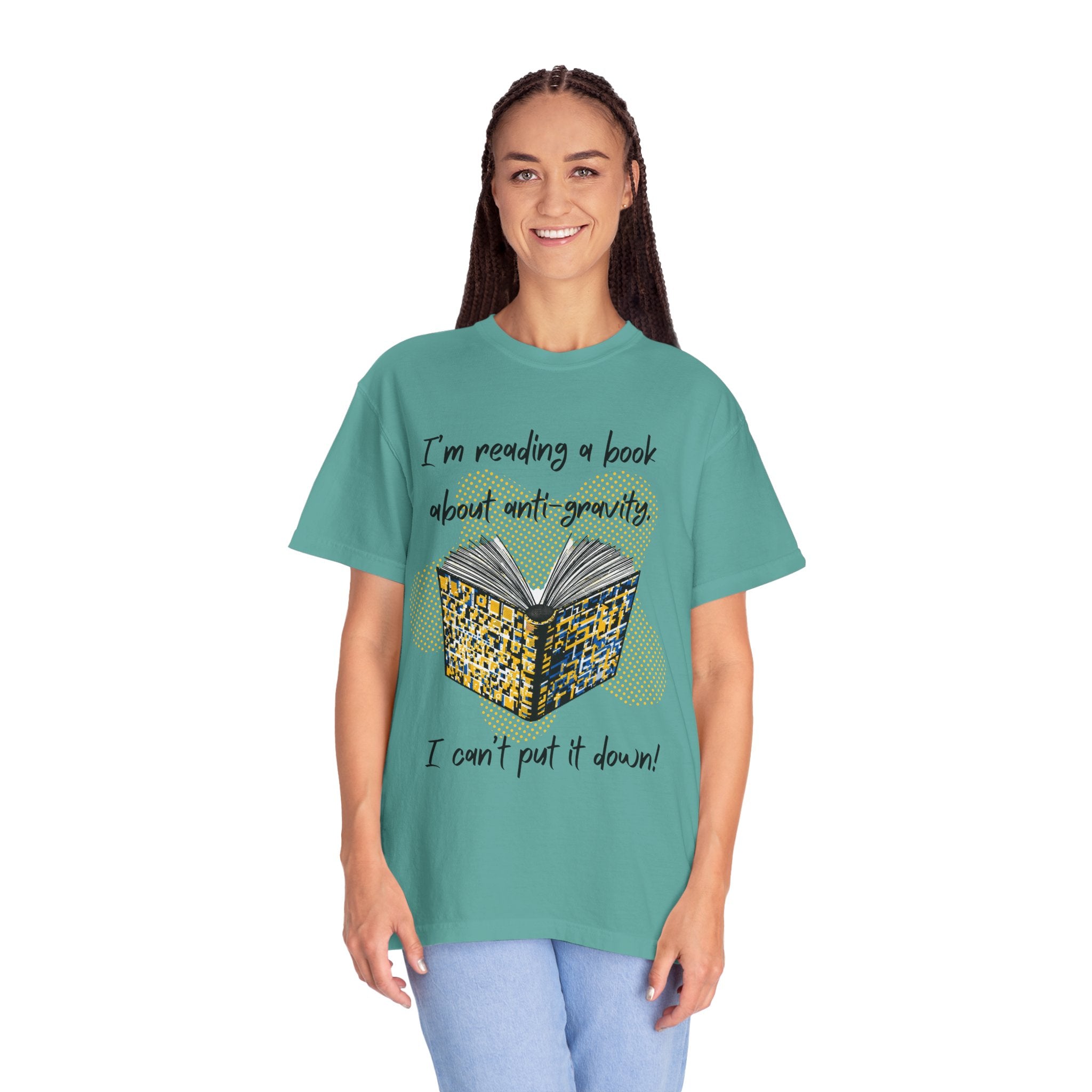 Funny Book Pun Dad Joke T-Shirt — "I’m reading a book about anti-gravity. I can’t put it down!" Novelty Book Lover Tee - Dad Jokes