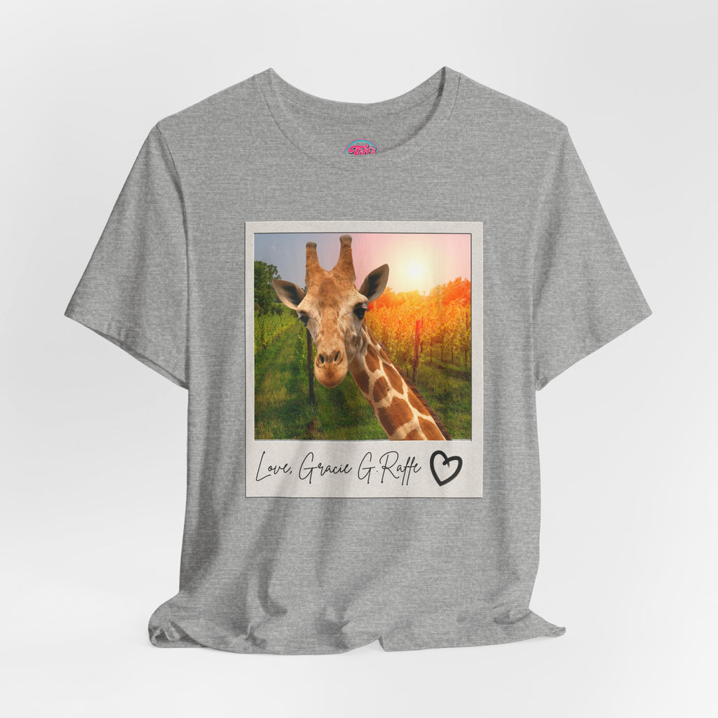 Giraffe Polaroid Photo Tee — "Love, Gracie G.Raffe" Graphic T-Shirt