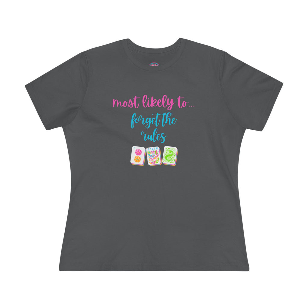 Mahjong Women's Tee — "Most Likely to Forget the Rules" Colorful Mahjong Tile Graphic