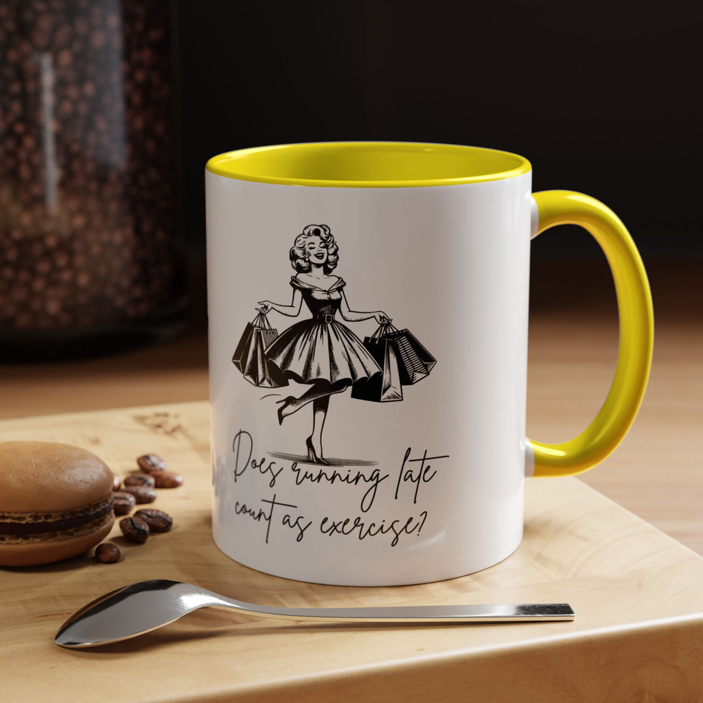 Does Running Late Count As Exercise? Coffee Mug — Retro Shopping Lady Accent Mug
