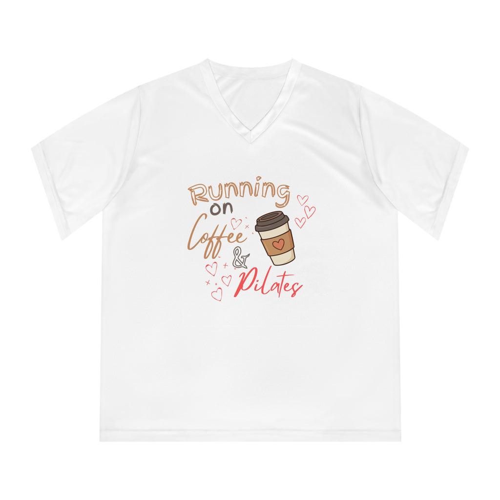 Running on Coffee & Pilates V-Neck Tee — Women's Active Pilates Shirt
