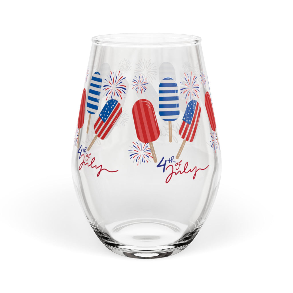 4th of July Stemless Wine Glass — Patriotic Popsicle Fireworks Design (11.75 oz)