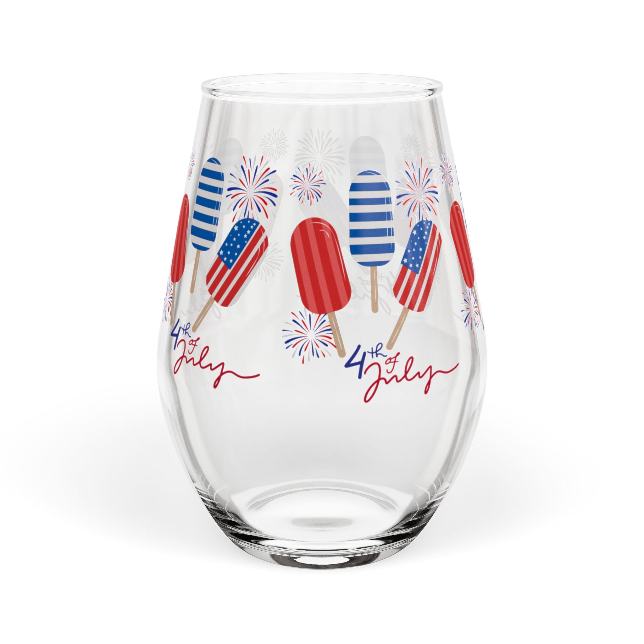 4th of July Stemless Wine Glass — Patriotic Popsicle Fireworks Design (11.75 oz)