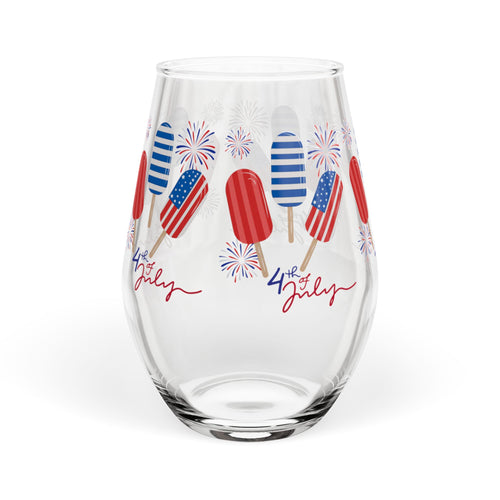 4th of July Stemless Wine Glass — Patriotic Popsicle Fireworks Design (11.75 oz)