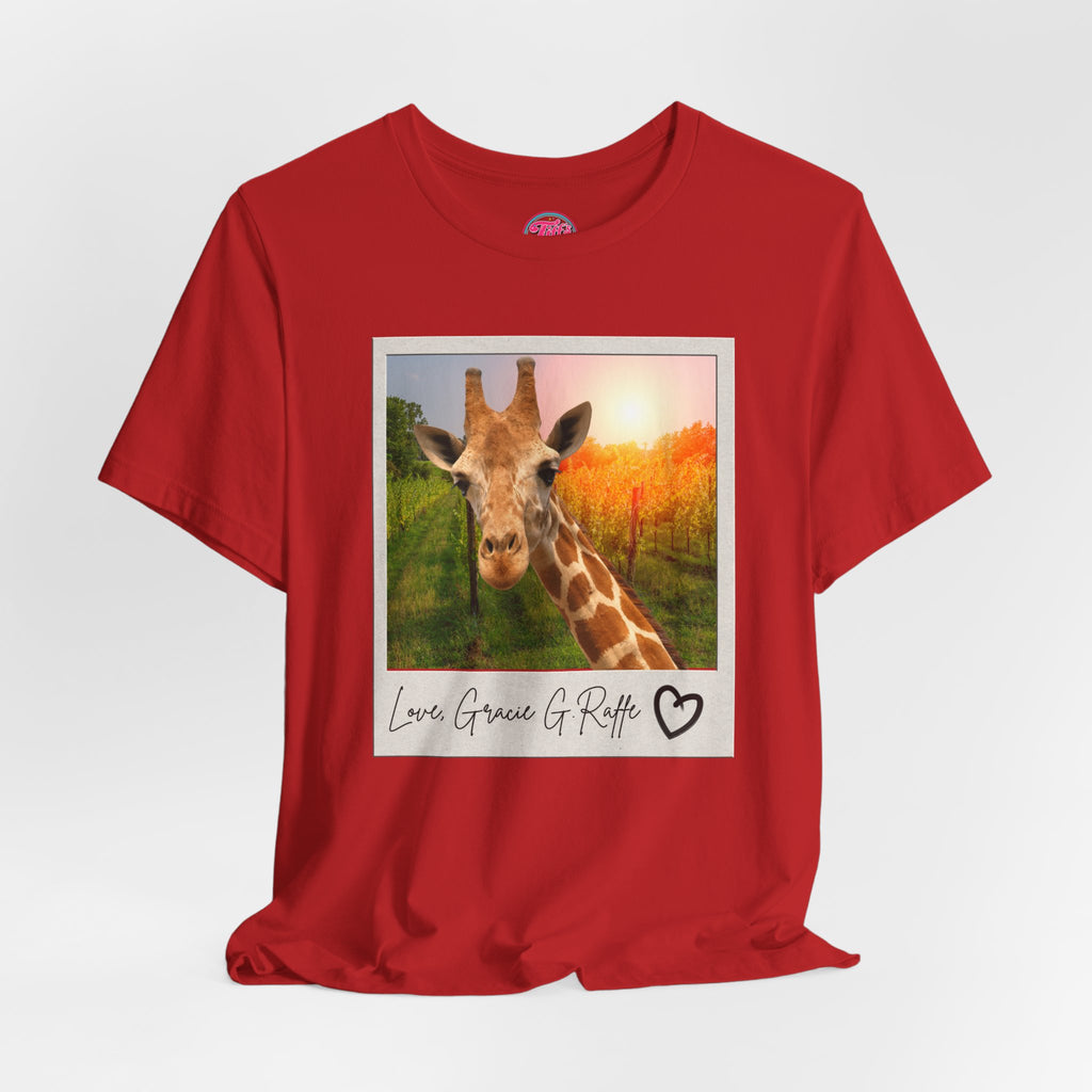 Giraffe Polaroid Photo Tee — "Love, Gracie G.Raffe" Graphic T-Shirt