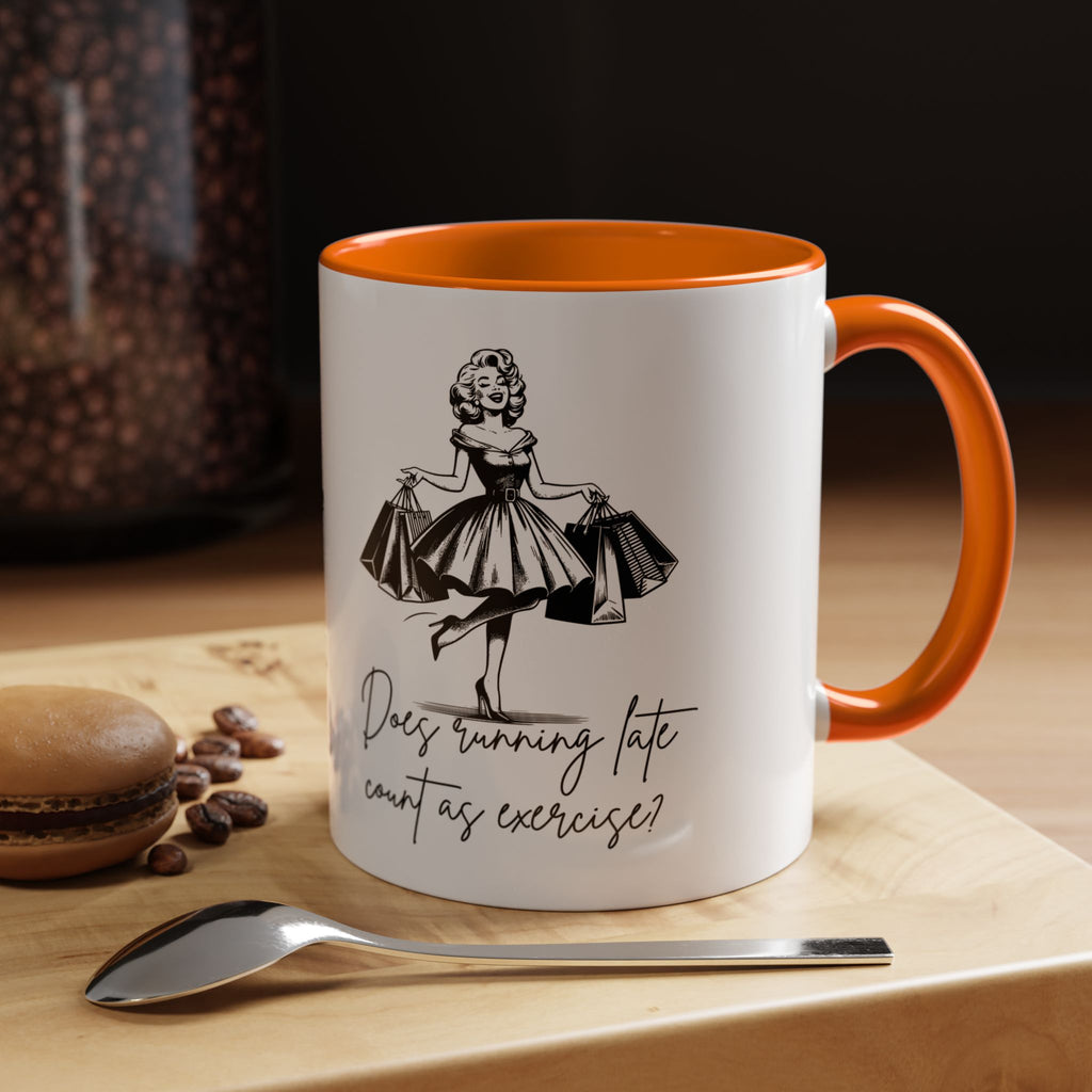 Does Running Late Count As Exercise? Coffee Mug — Retro Shopping Lady Accent Mug