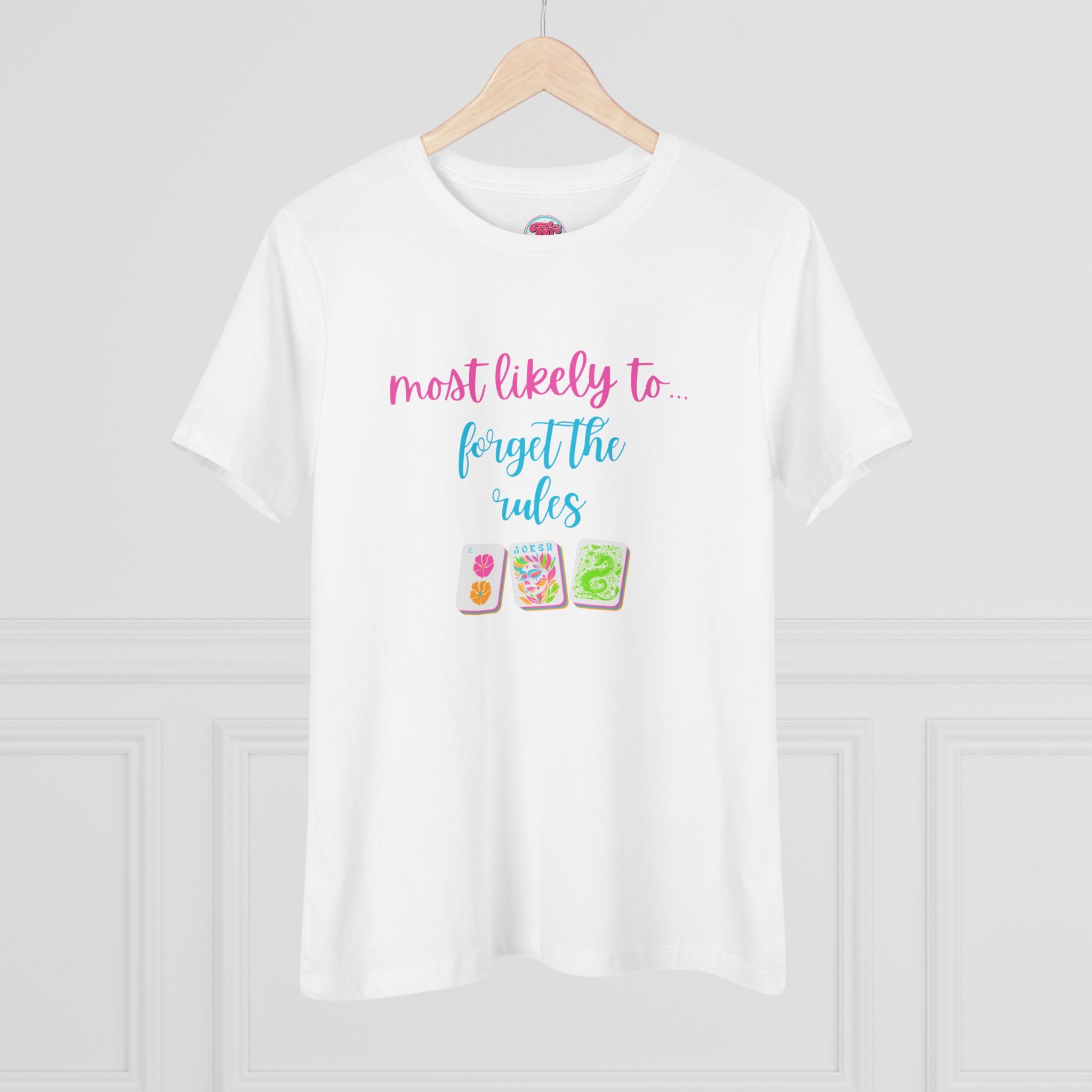 Mahjong Women's Tee — "Most Likely to Forget the Rules" Colorful Mahjong Tile Graphic
