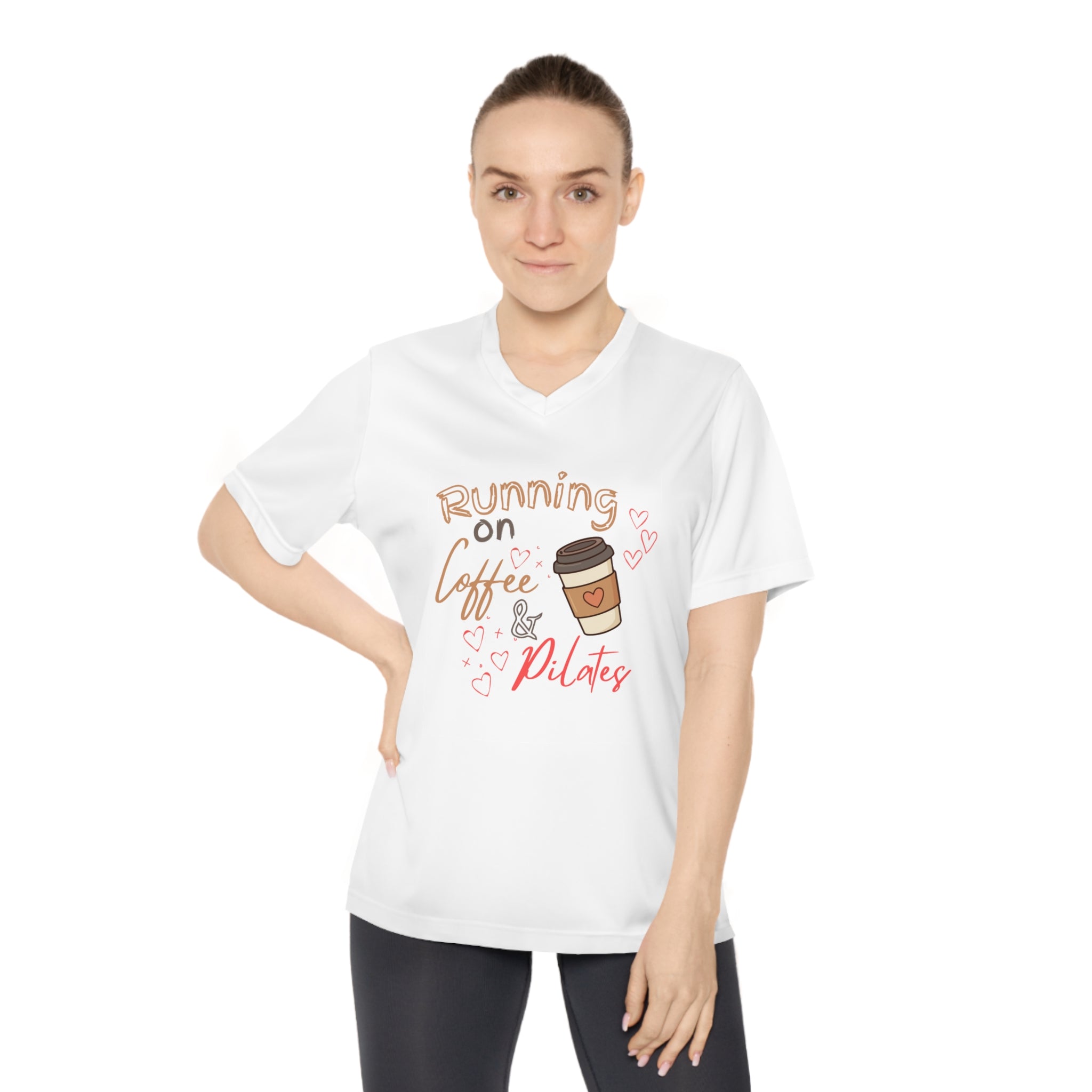 Running on Coffee & Pilates V-Neck Tee — Women's Active Pilates Shirt
