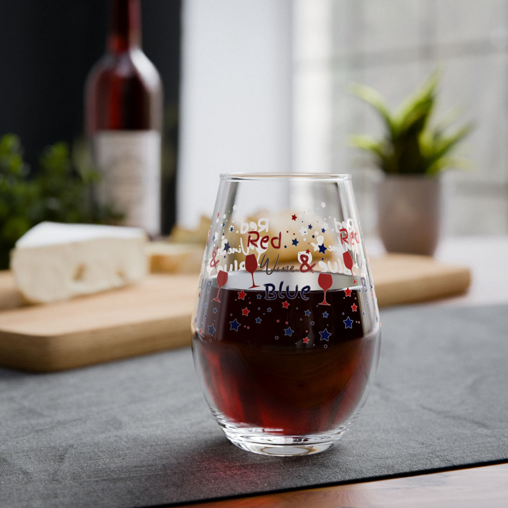 Stemless Wine Glass - "Red, Wine & Blue" Patriotic 4th of July Wine Glass