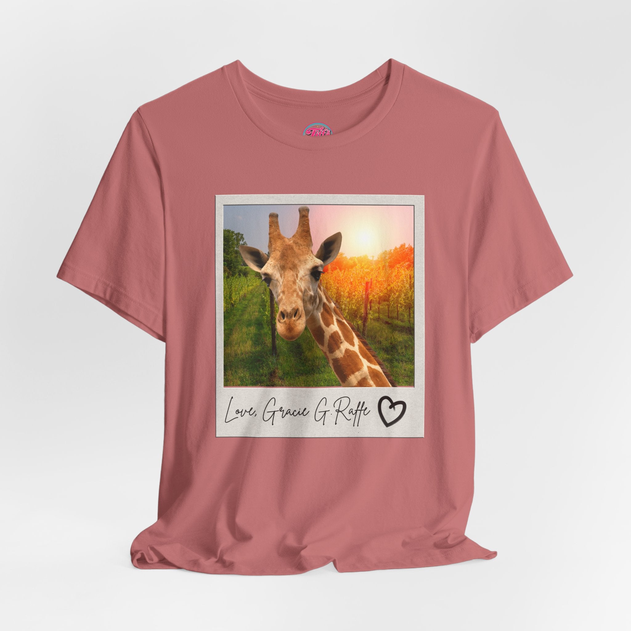 Giraffe Polaroid Photo Tee — "Love, Gracie G.Raffe" Graphic T-Shirt