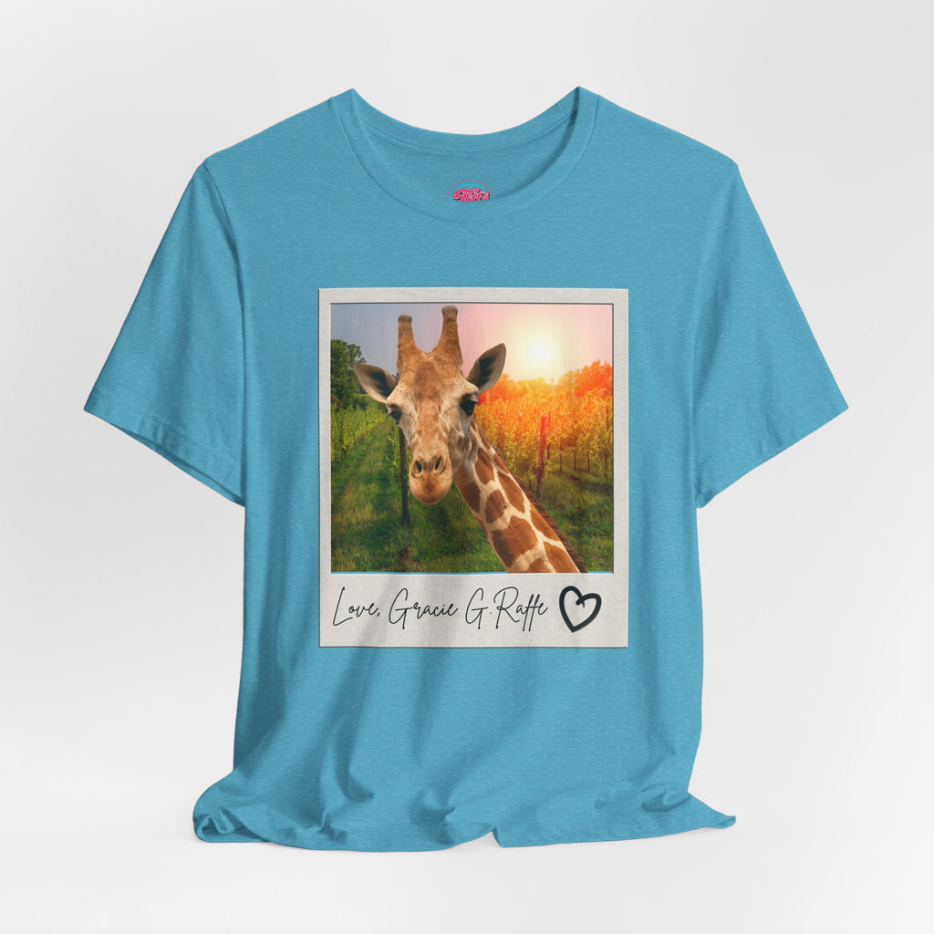 Giraffe Polaroid Photo Tee — "Love, Gracie G.Raffe" Graphic T-Shirt