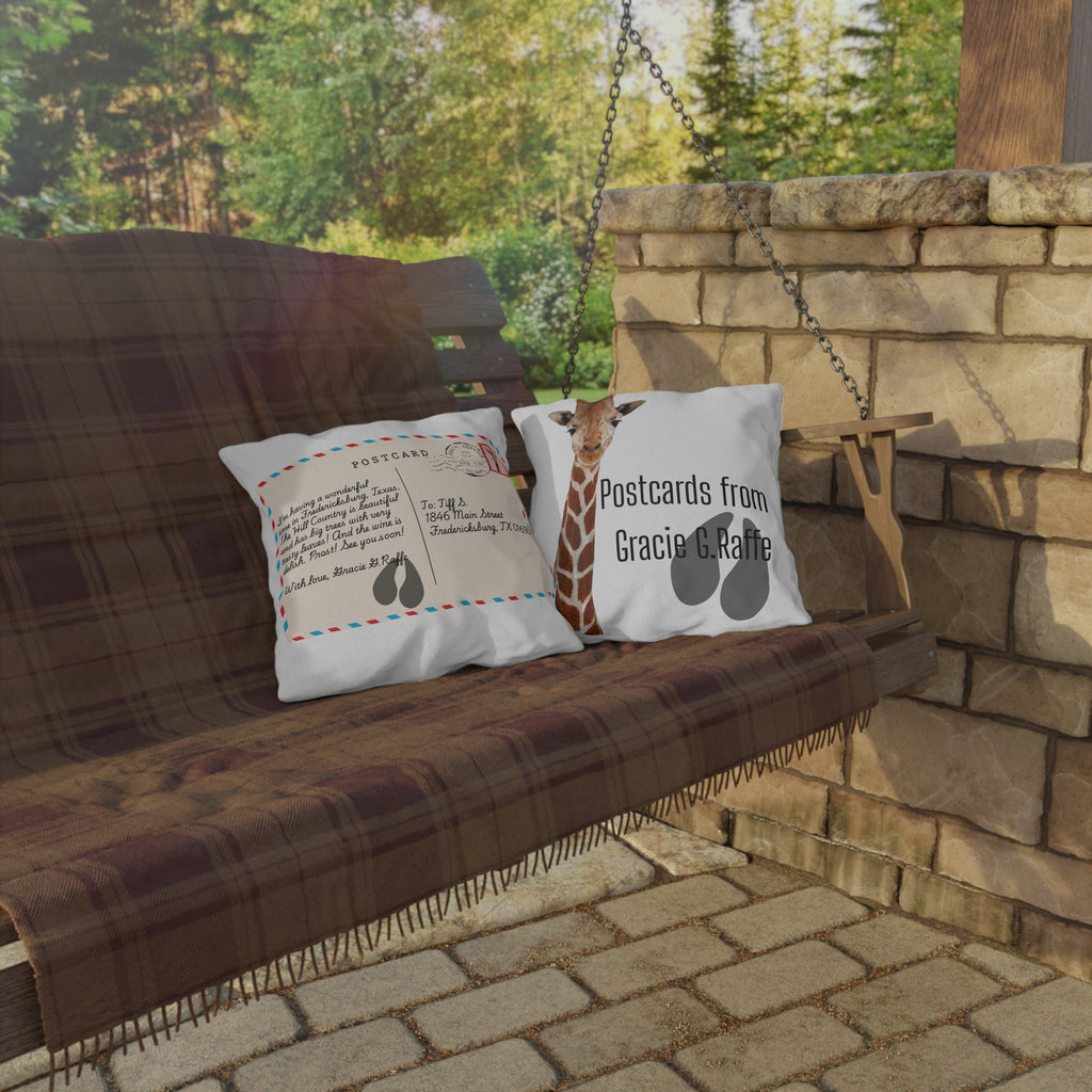 Postcard-Style Outdoor Pillow — "Postcards from Gracie G. Raffe" Giraffe Design