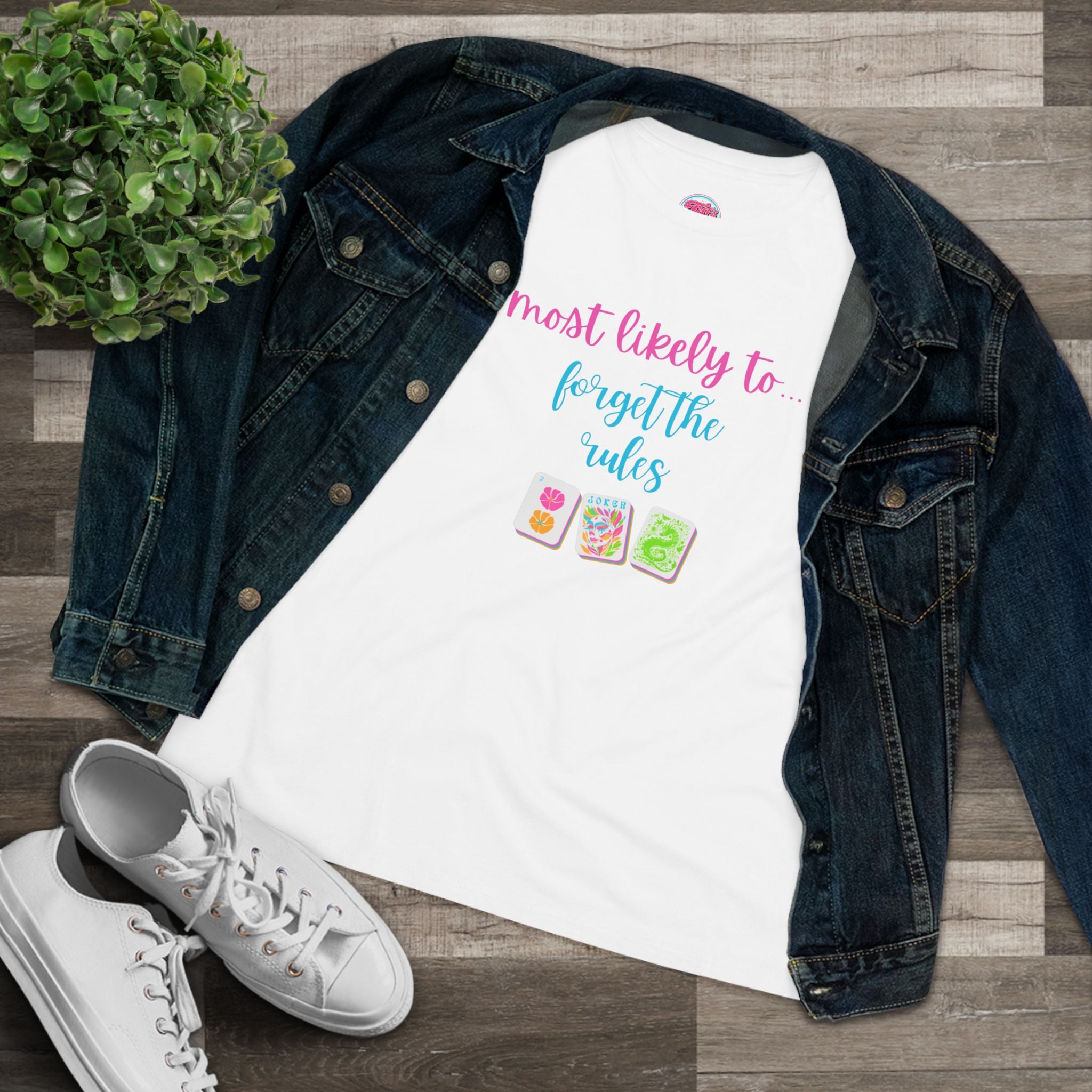 Mahjong Women's Tee — "Most Likely to Forget the Rules" Colorful Mahjong Tile Graphic