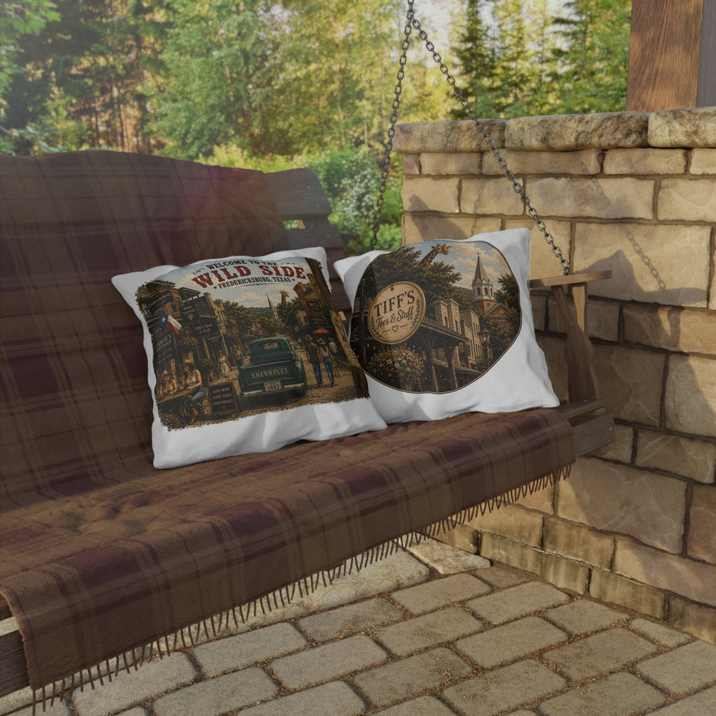 Welcome to the Wild Side Outdoor Pillow — Fredericksburg, Texas Vintage Street Scene