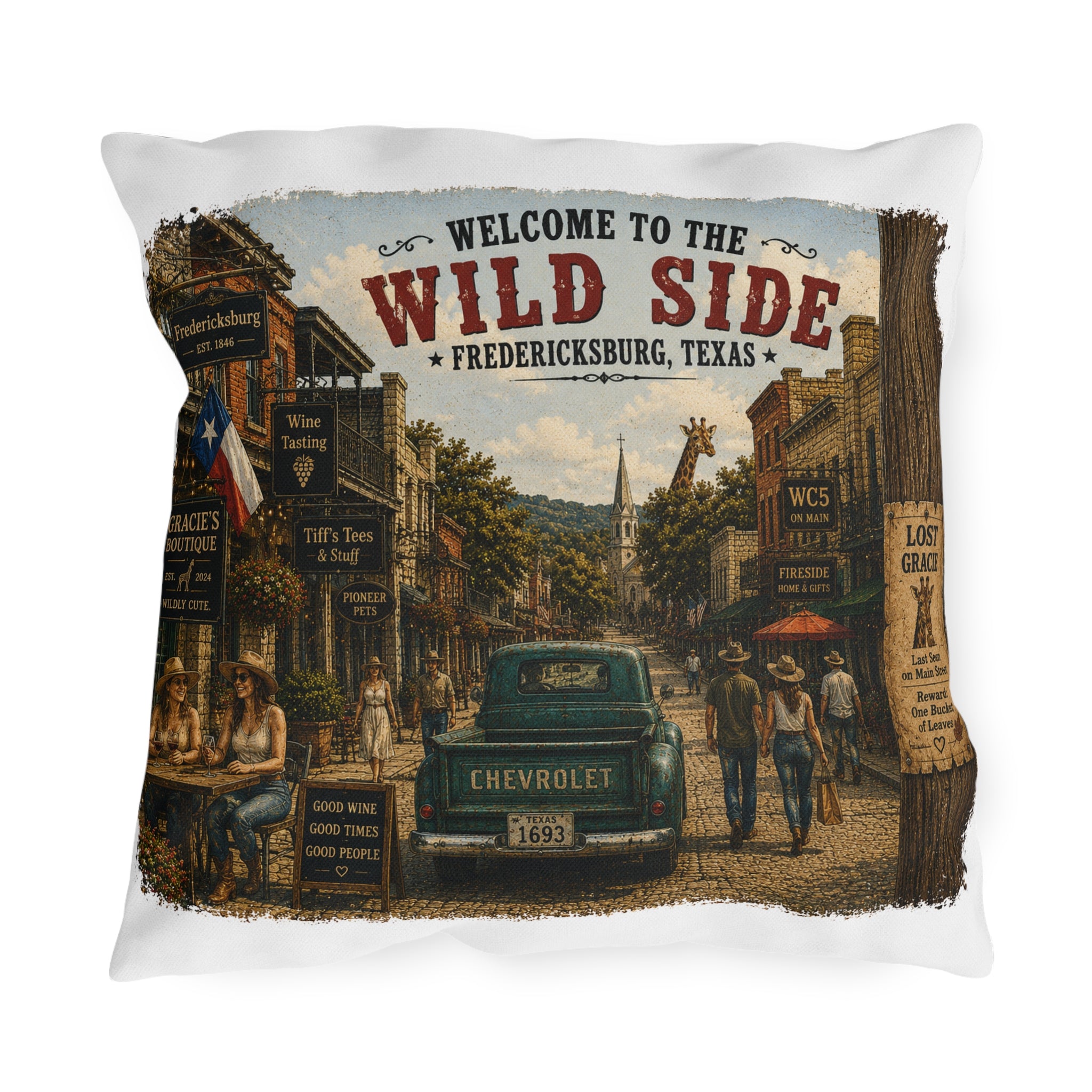 Welcome to the Wild Side Outdoor Pillow — Fredericksburg, Texas Vintage Street Scene