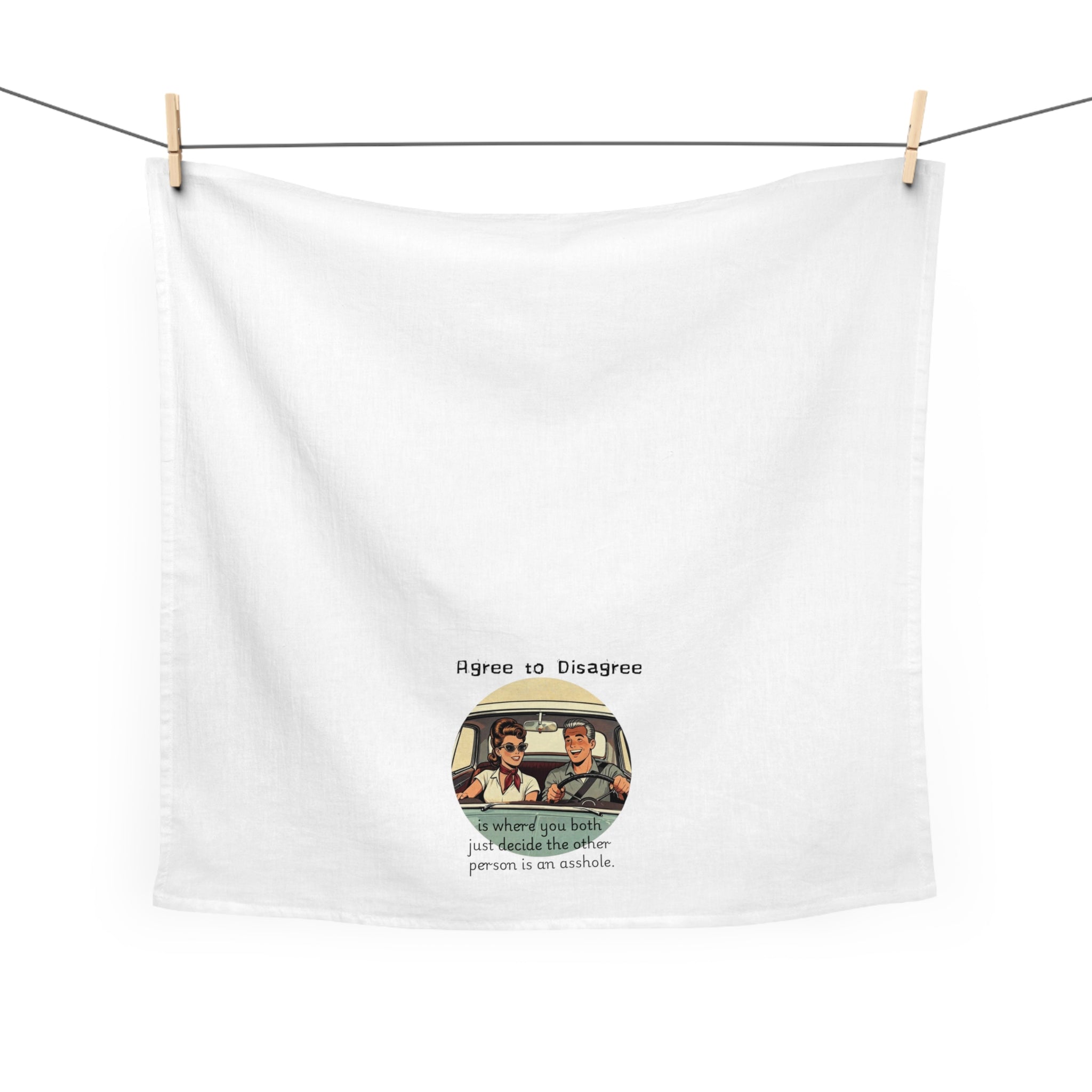Tea Towel — "Agree to Disagree" Retro Couple Kitchen Towel (Humorous Car Ride Quote)