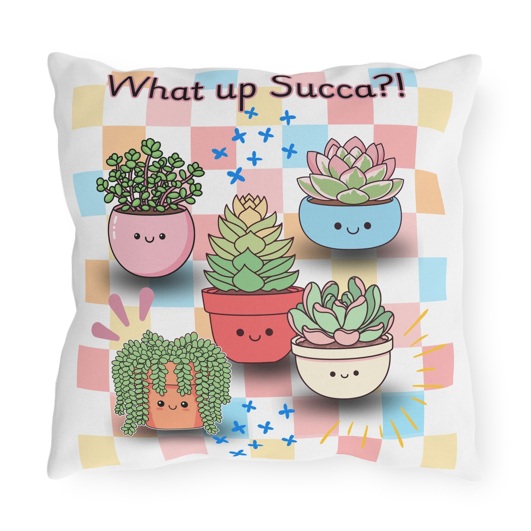 What Up Succa?! Outdoor Pillow – Cute Kawaii Succulent Garden Throw Cushion