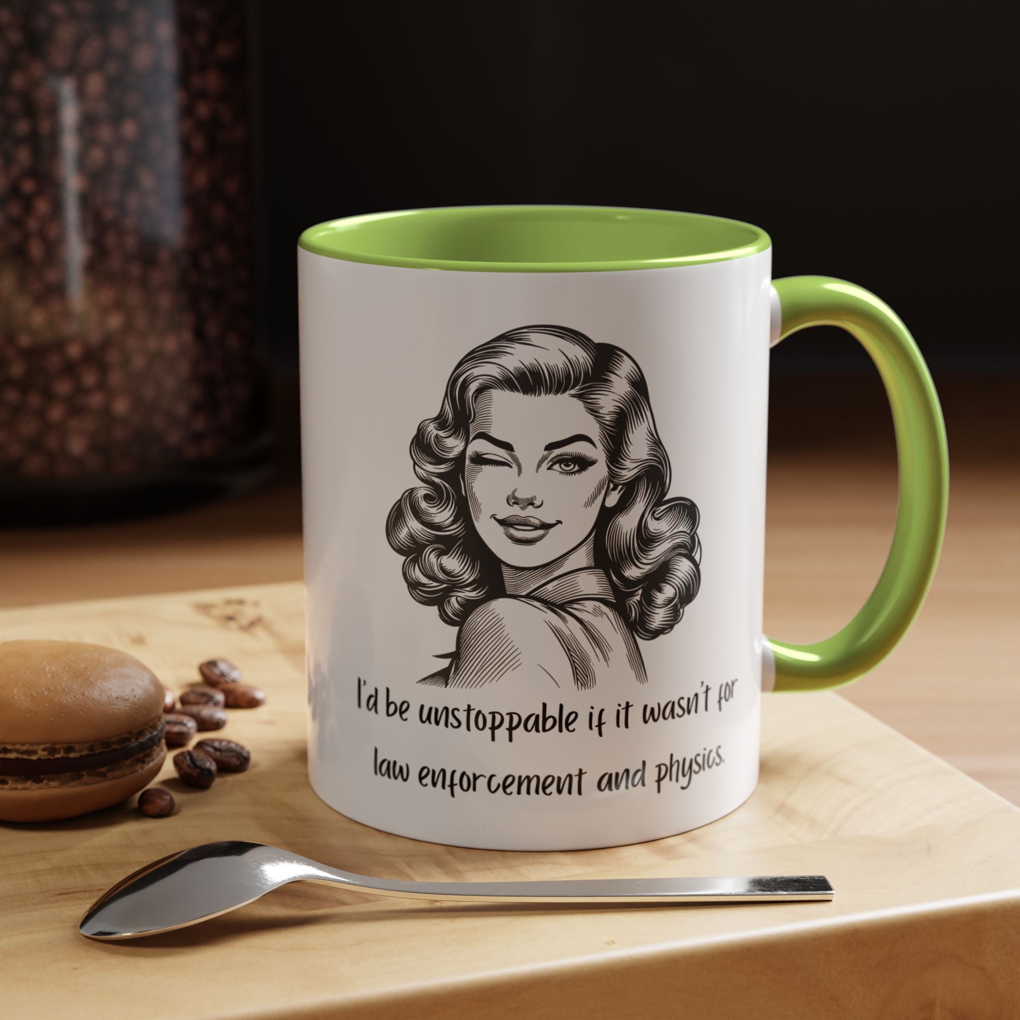 Accent Coffee Mug — “I’d Be Unstoppable if It Wasn’t for Law Enforcement and Physics” Retro Woman Design