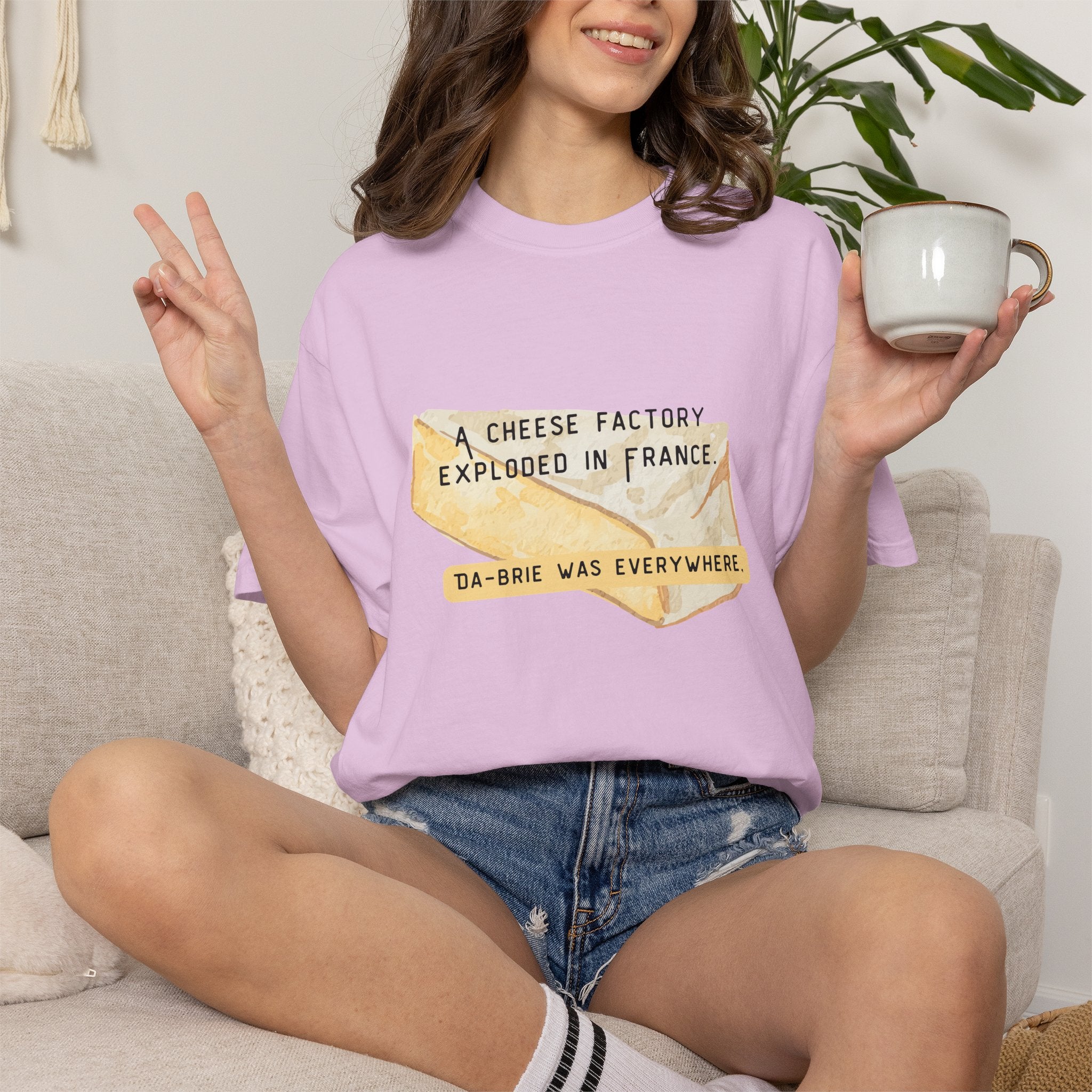Funny Cheese Pun T-Shirt — "A Cheese Factory Exploded in France, Da-brie Was Everywhere" - Dad Joke Tee