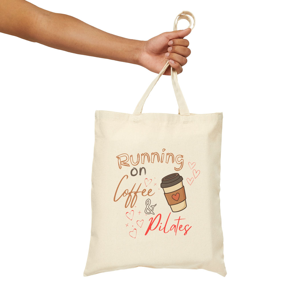 Tote Bag — "Running on Coffee & Pilates" Canvas Tote for Fitness Lovers