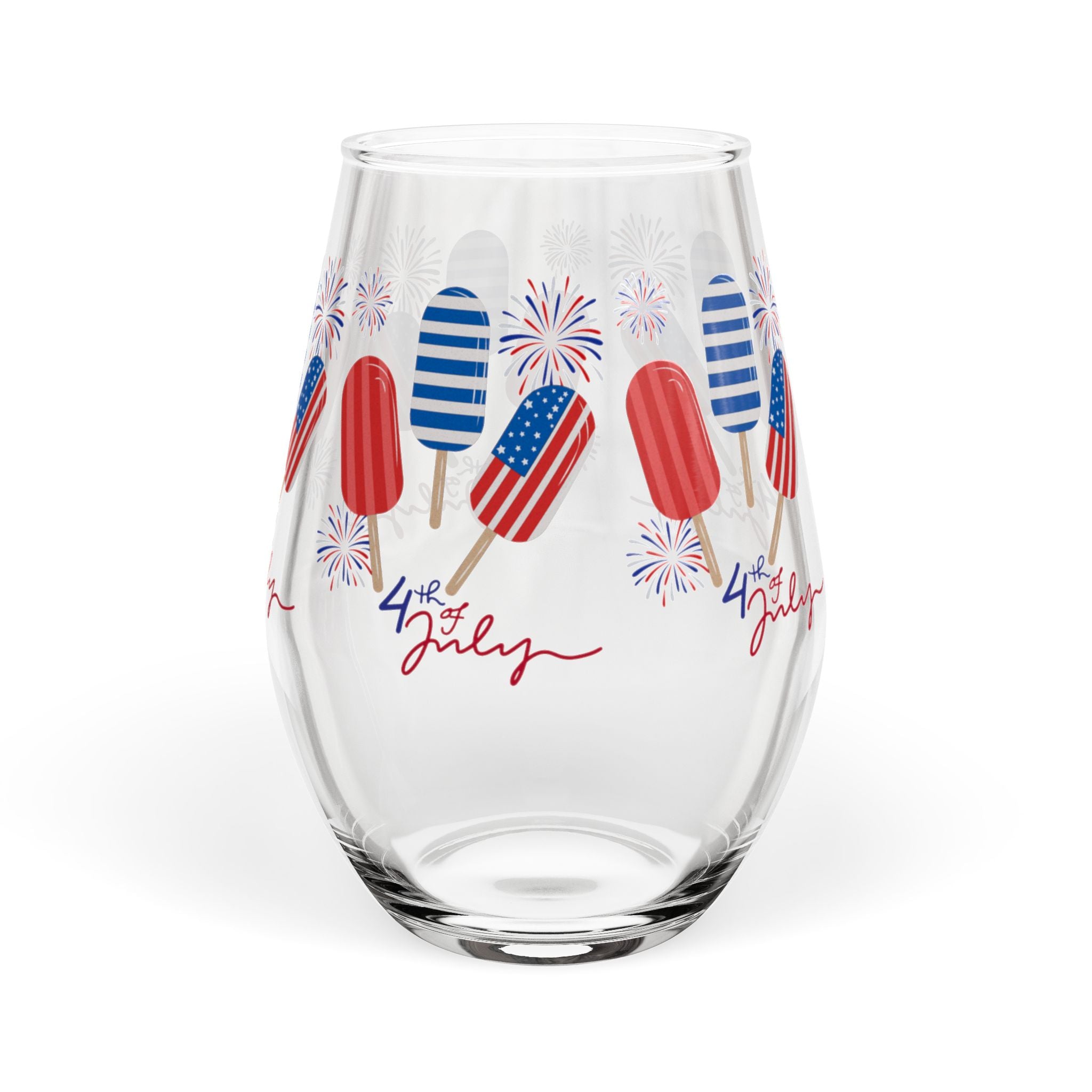 4th of July Stemless Wine Glass — Patriotic Popsicle Fireworks Design (11.75 oz)