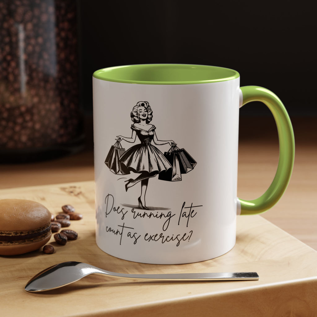 Does Running Late Count As Exercise? Coffee Mug — Retro Shopping Lady Accent Mug