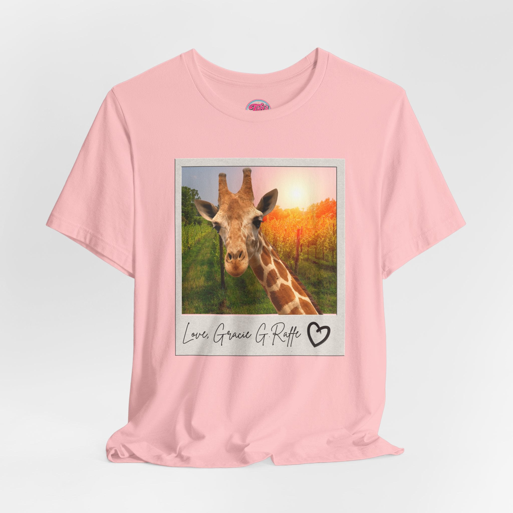 Giraffe Polaroid Photo Tee — "Love, Gracie G.Raffe" Graphic T-Shirt