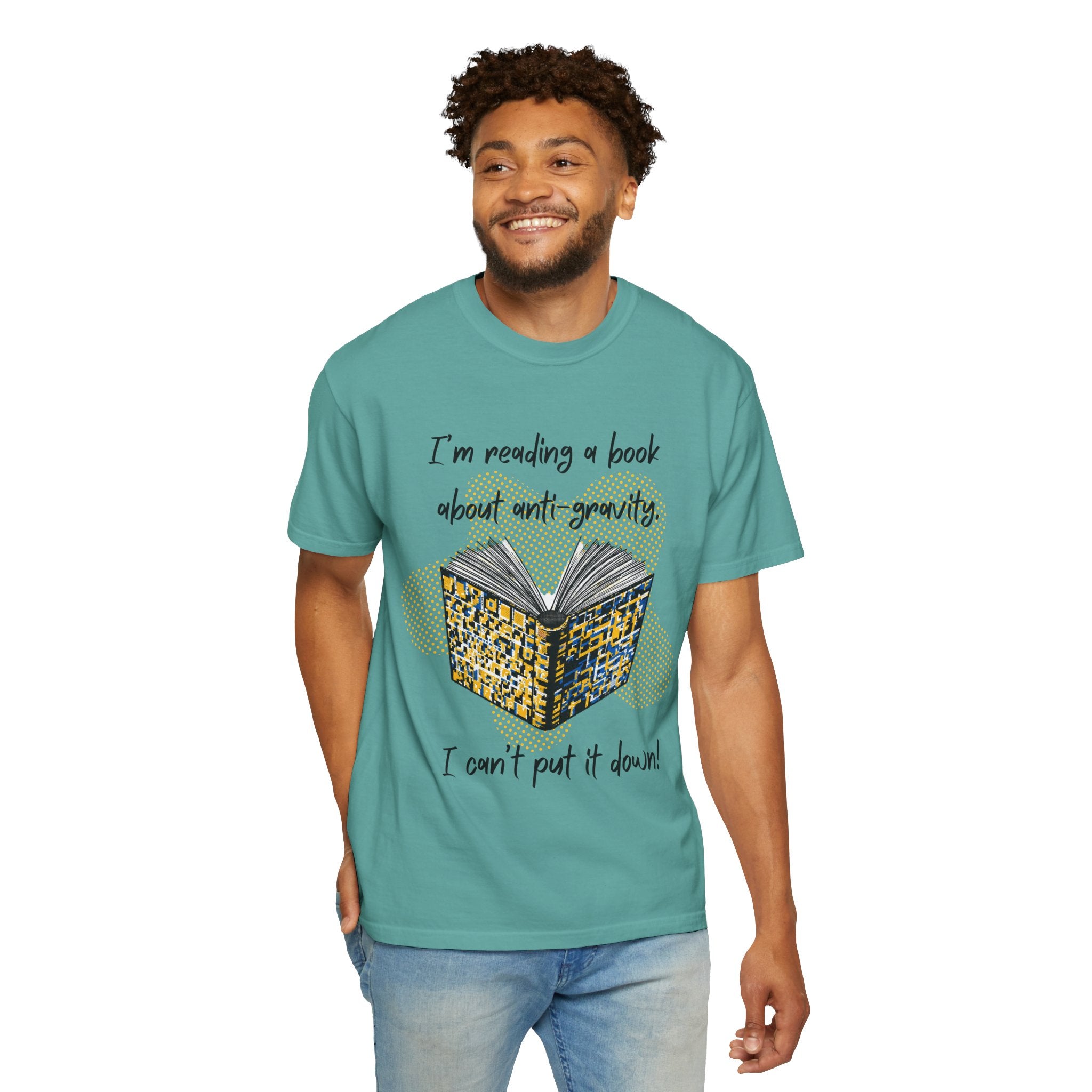Funny Book Pun Dad Joke T-Shirt — "I’m reading a book about anti-gravity. I can’t put it down!" Novelty Book Lover Tee - Dad Jokes