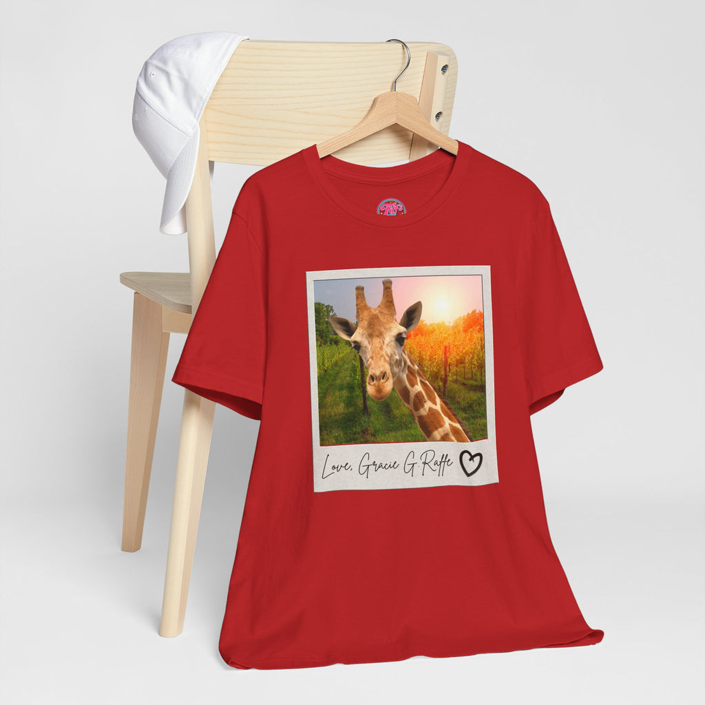 Giraffe Polaroid Photo Tee — "Love, Gracie G.Raffe" Graphic T-Shirt