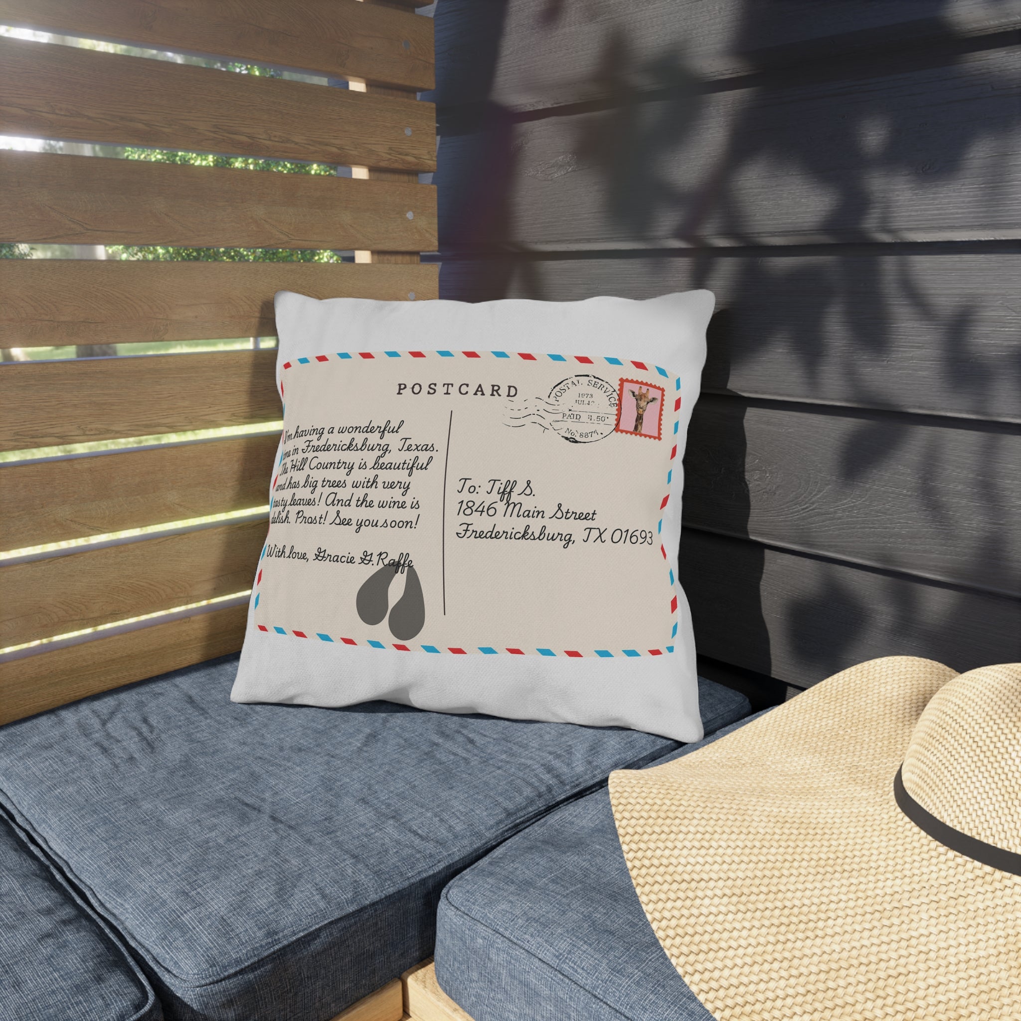 Postcard-Style Outdoor Pillow — "Postcards from Gracie G. Raffe" Giraffe Design