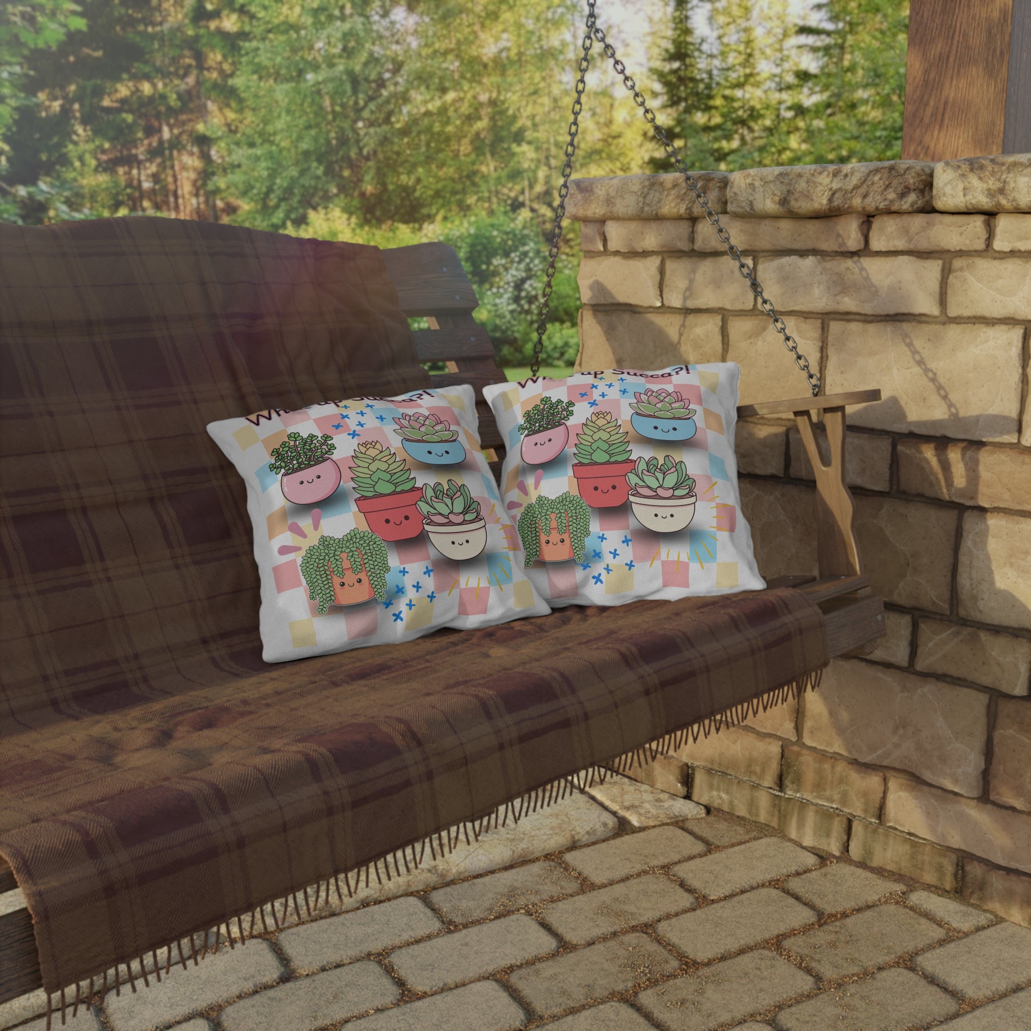 What Up Succa?! Outdoor Pillow – Cute Kawaii Succulent Garden Throw Cushion