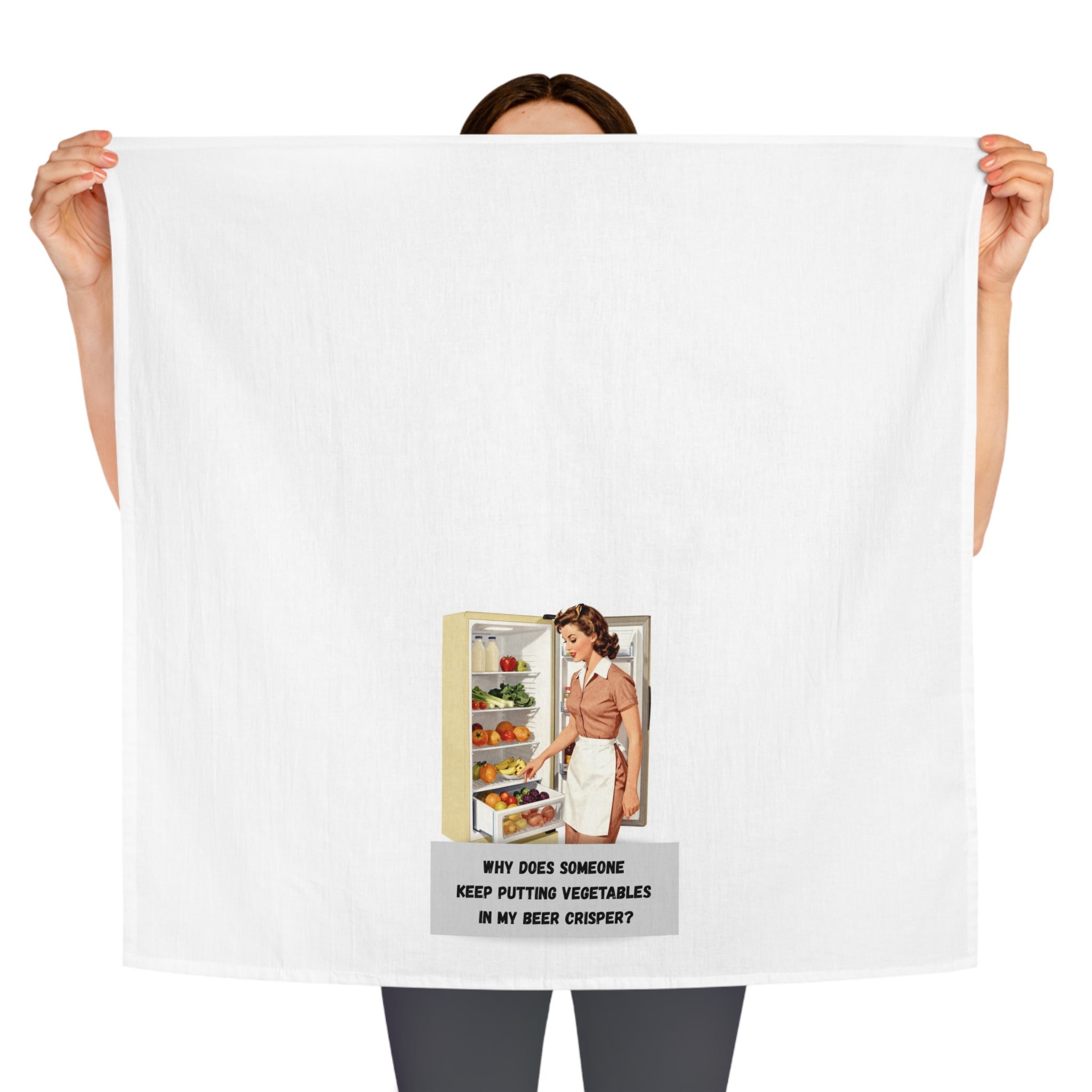 Retro Kitchen Tea Towel — "Why Does Someone Keep Putting Vegetables in My Beer Crisper?"