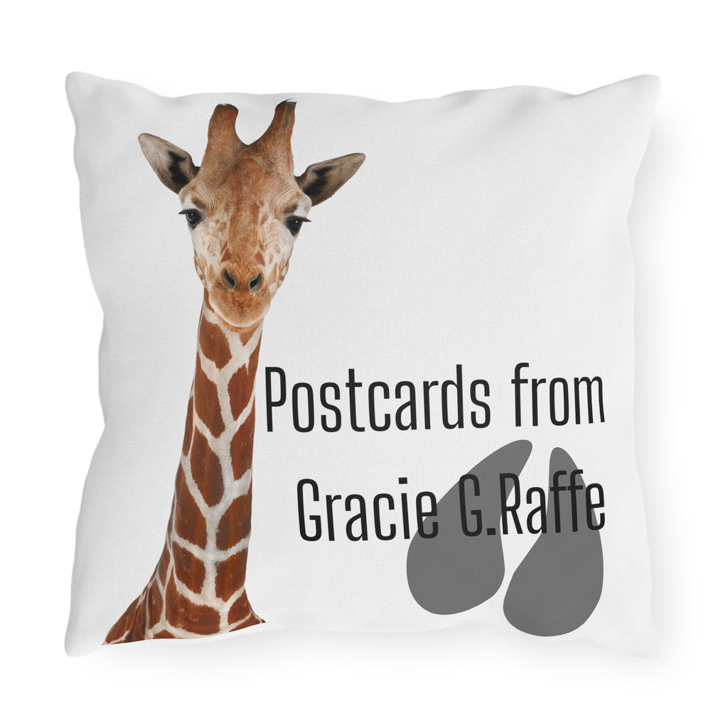 Postcard-Style Outdoor Pillow — "Postcards from Gracie G. Raffe" Giraffe Design