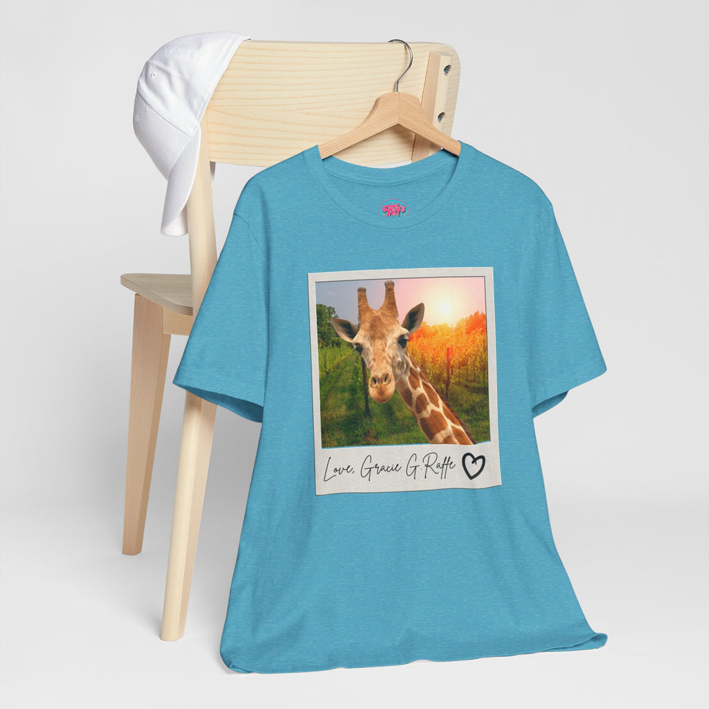 Giraffe Polaroid Photo Tee — "Love, Gracie G.Raffe" Graphic T-Shirt