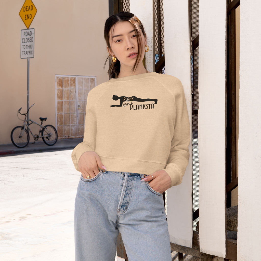 Cropped Pullover — "Plank Like a Planksta" Fitness Graphic